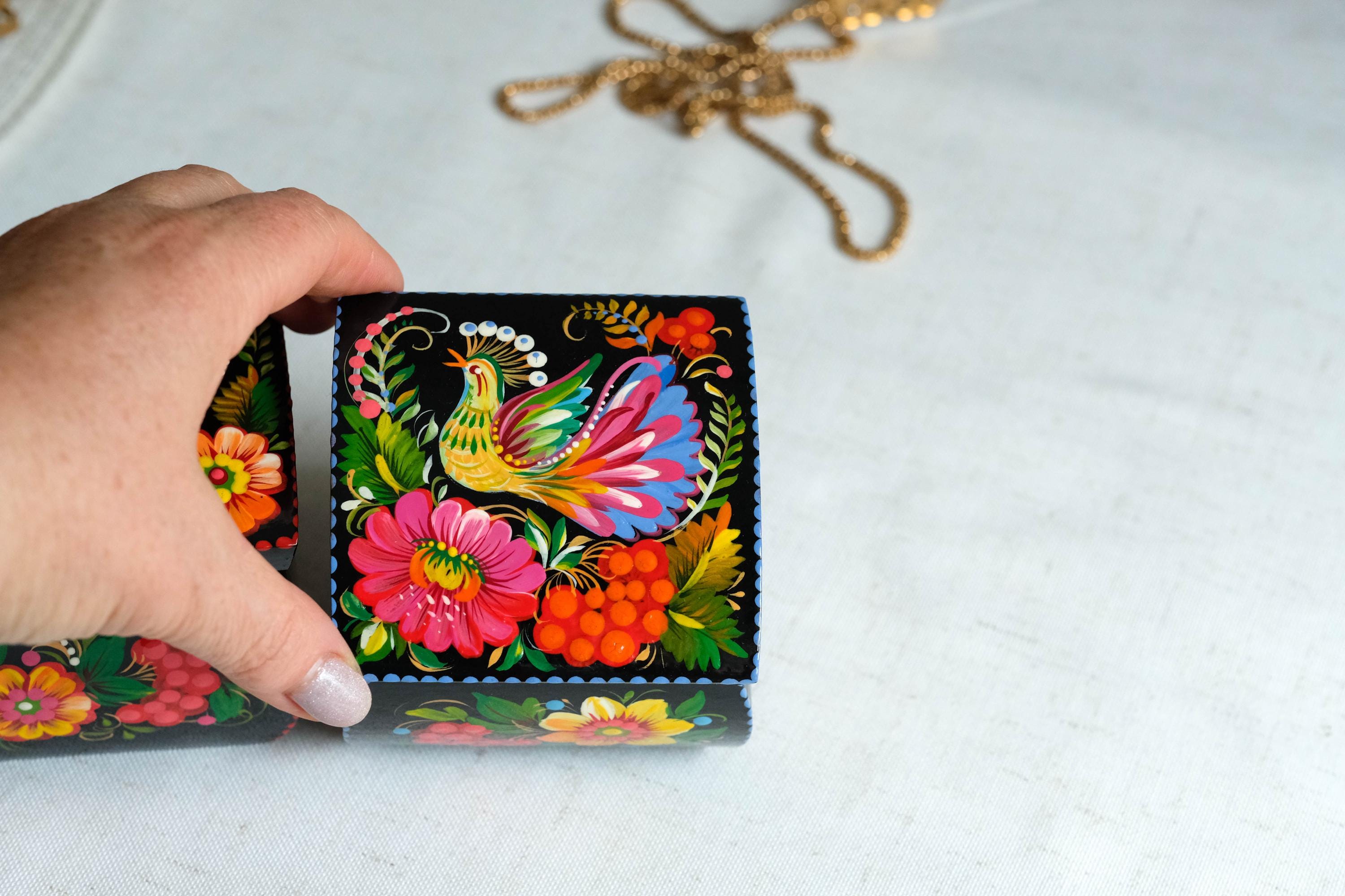 Hand-painted Wooden Jewelry Box with Firebird 3.15" in - Traditional Ukrainian Petrykivka Folk Art