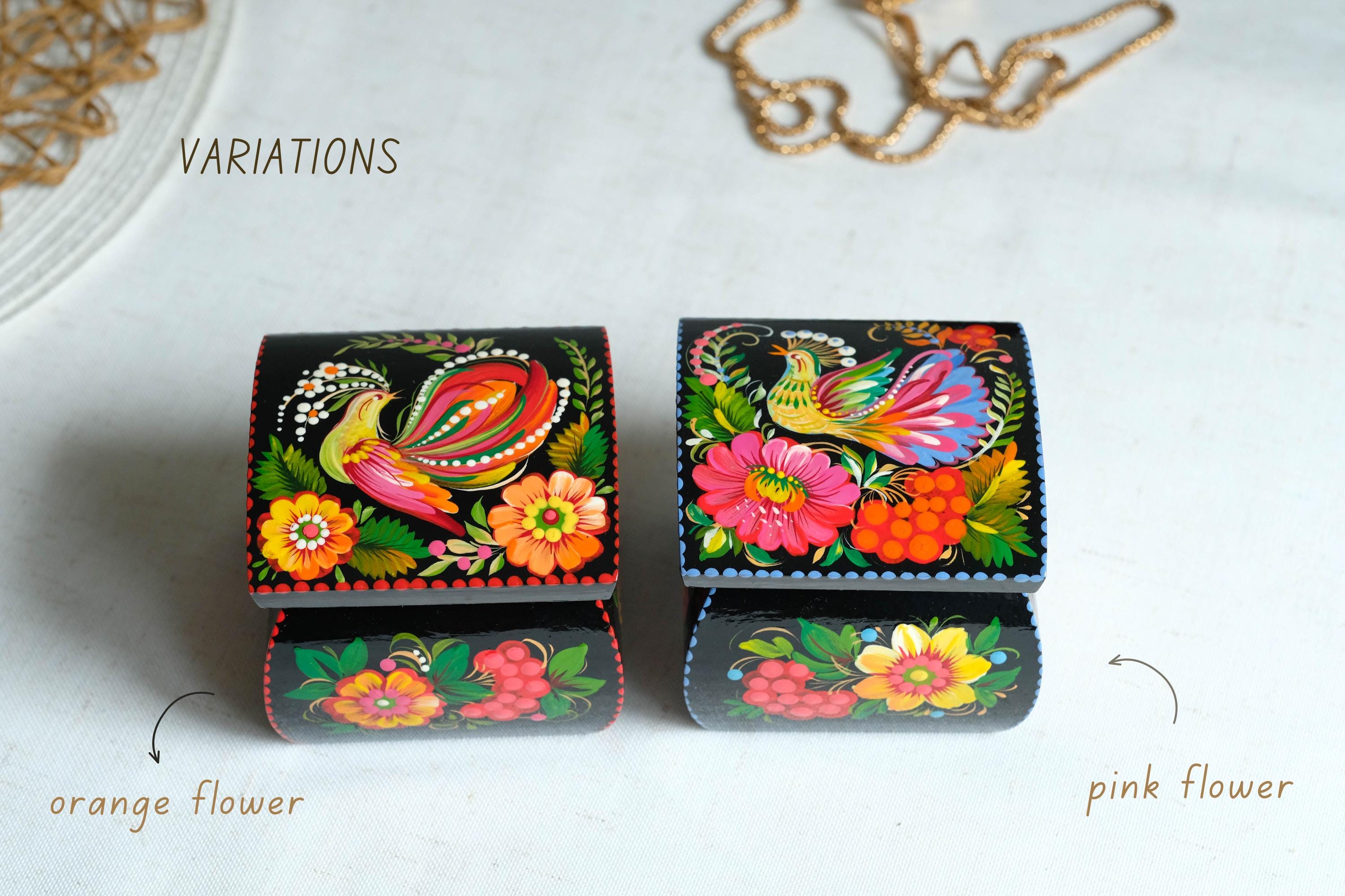 Hand-painted Wooden Jewelry Box with Firebird 3.15" in - Traditional Ukrainian Petrykivka Folk Art