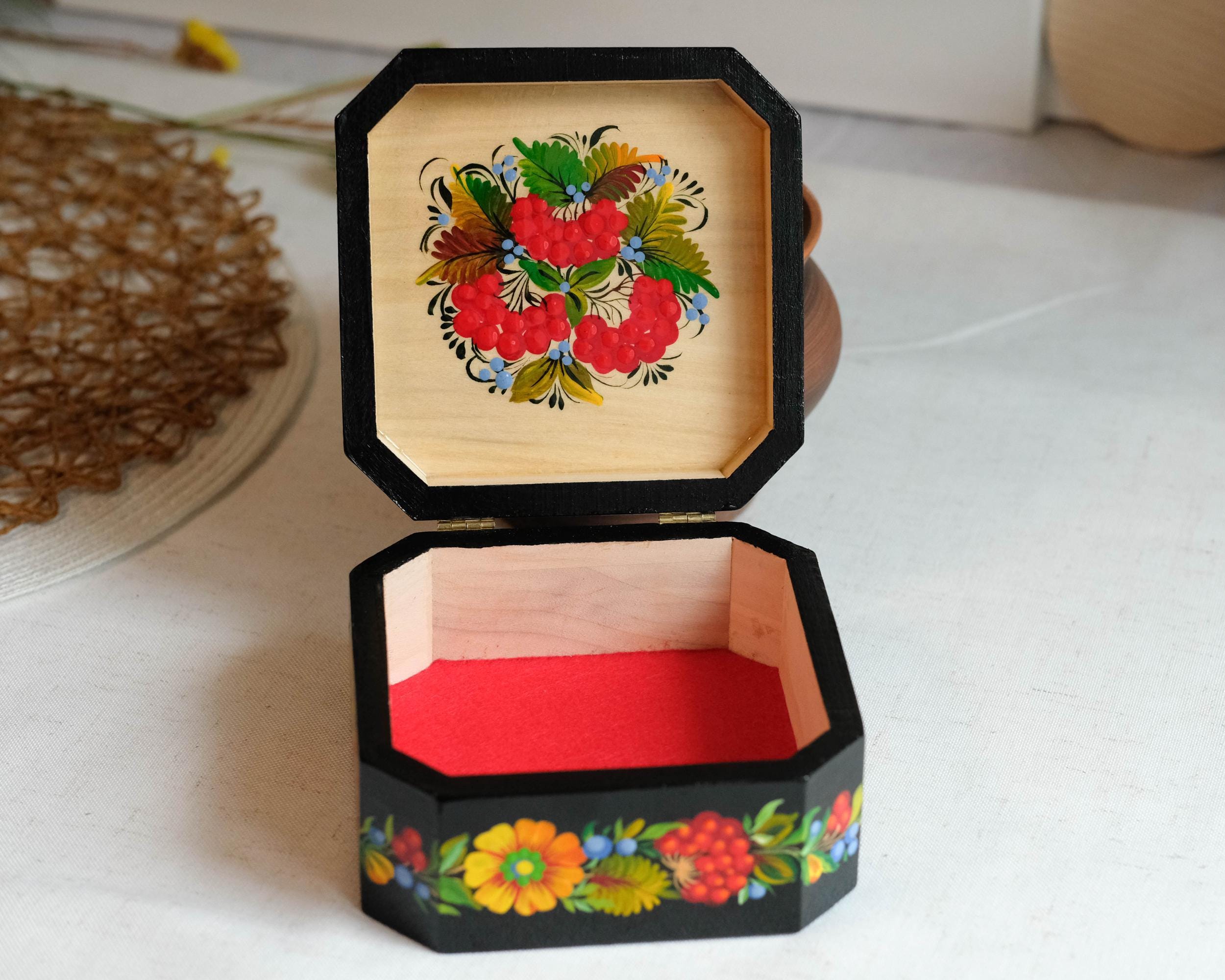 Hand-Painted Wooden Jewelry Box 5.5 inches - Ukrainian Firebird Petrykivka Art Treasure Chest