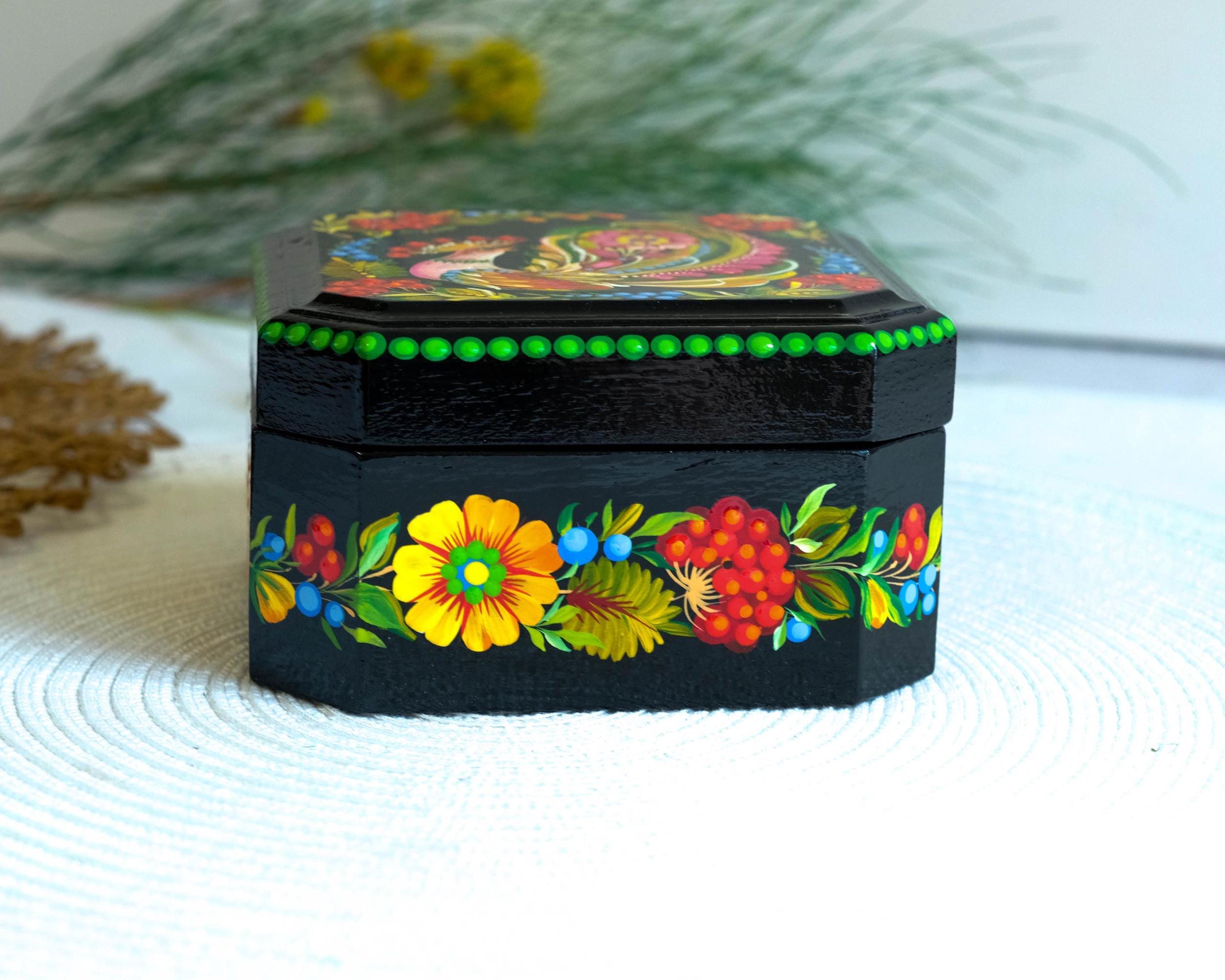 Hand-Painted Wooden Jewelry Box 5.5 inches - Ukrainian Firebird Petrykivka Art Treasure Chest