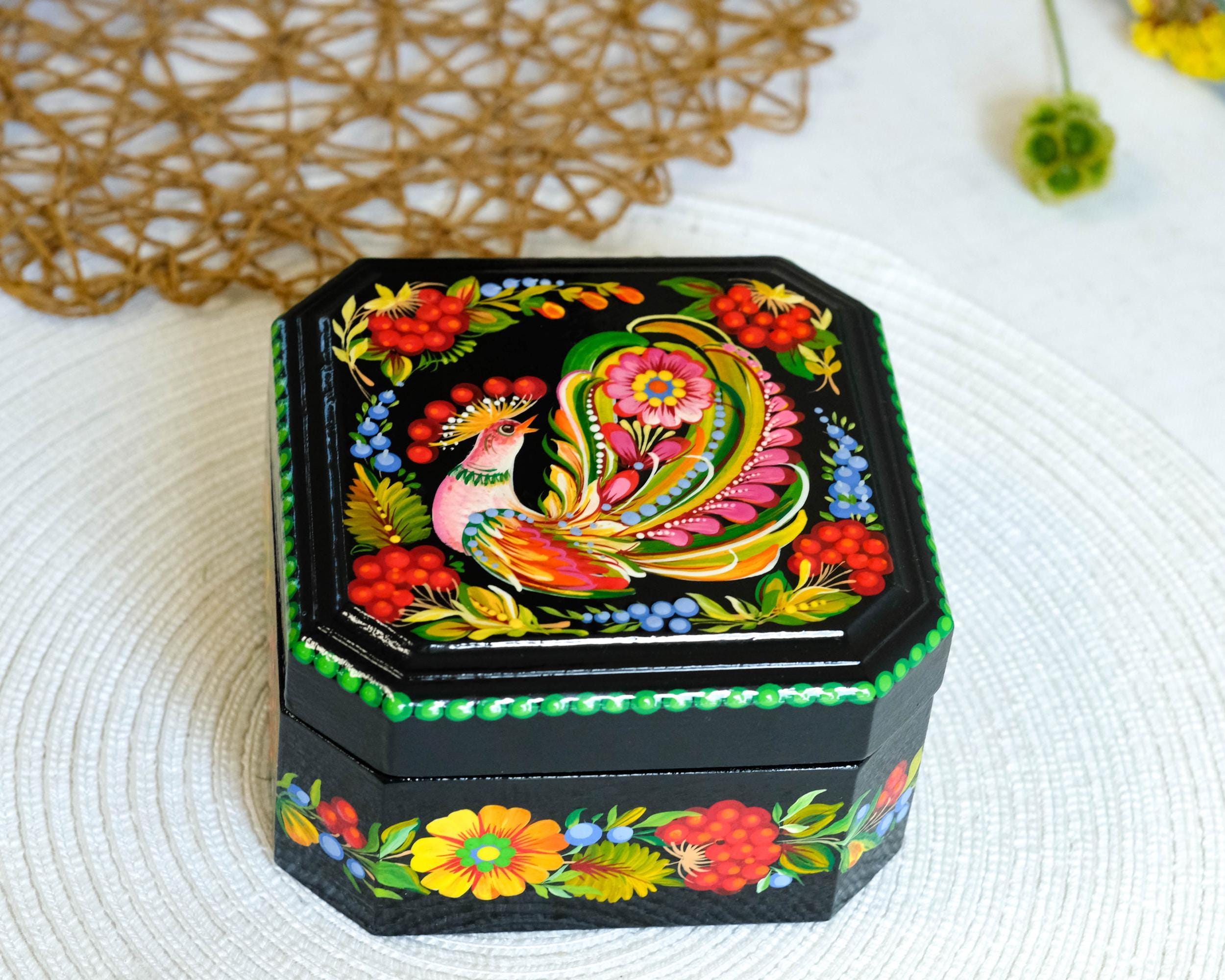 Hand-Painted Wooden Jewelry Box 5.5 inches - Ukrainian Firebird Petrykivka Art Treasure Chest