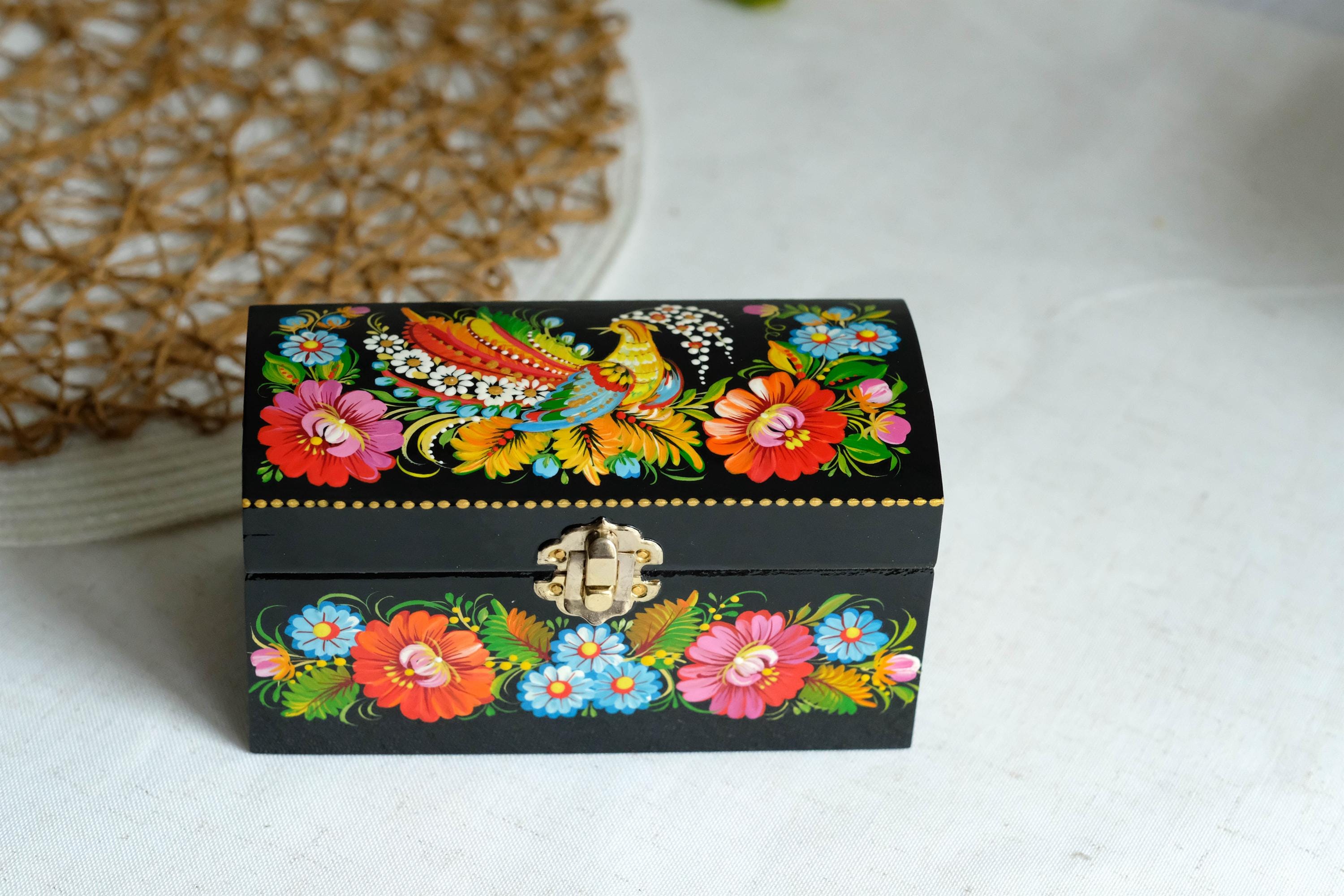 Painted Wooden Jewelry Box with Ukrainian Firebird 6.3" in - Traditional Petrykivka Folk Art