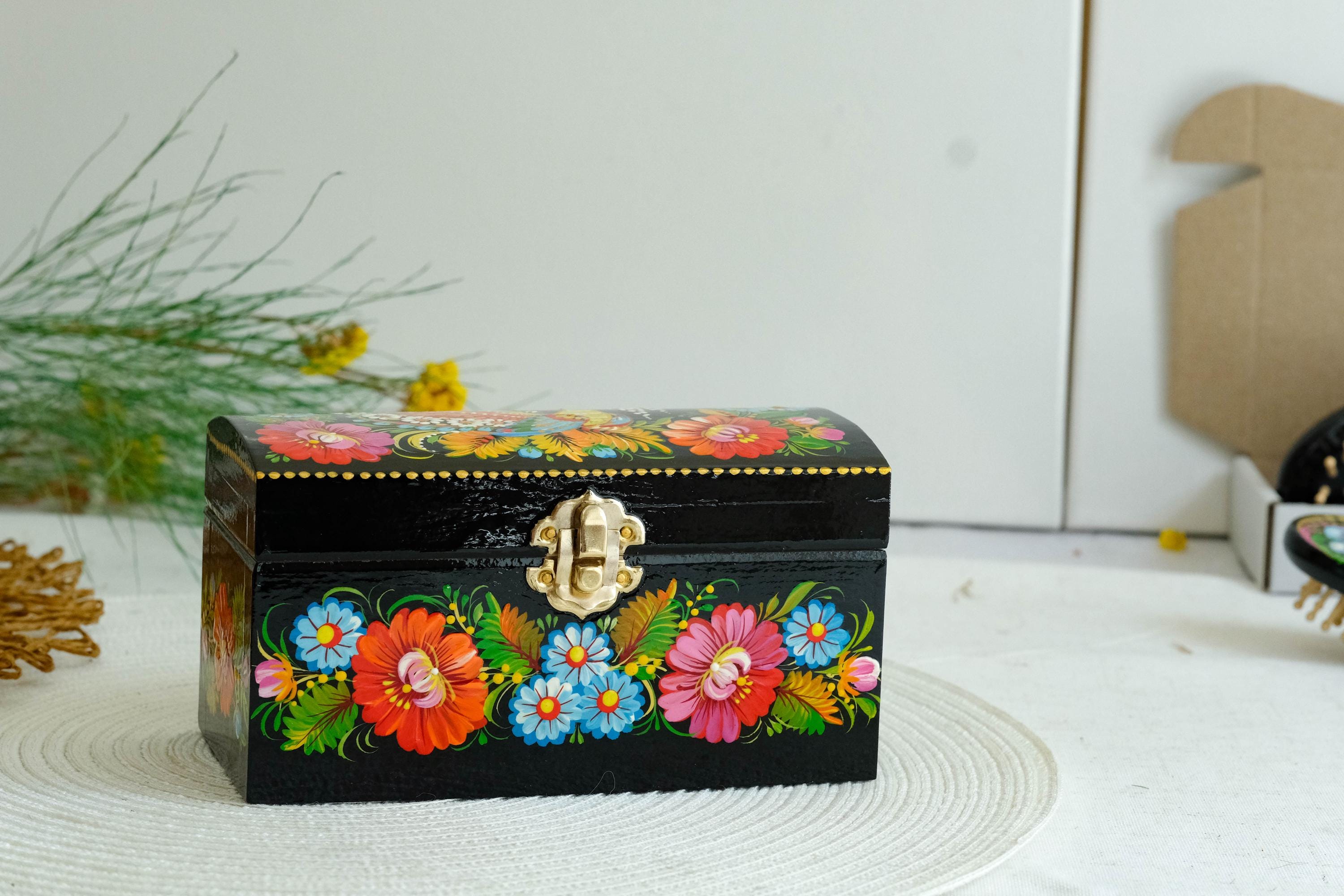 Painted Wooden Jewelry Box with Ukrainian Firebird 6.3" in - Traditional Petrykivka Folk Art