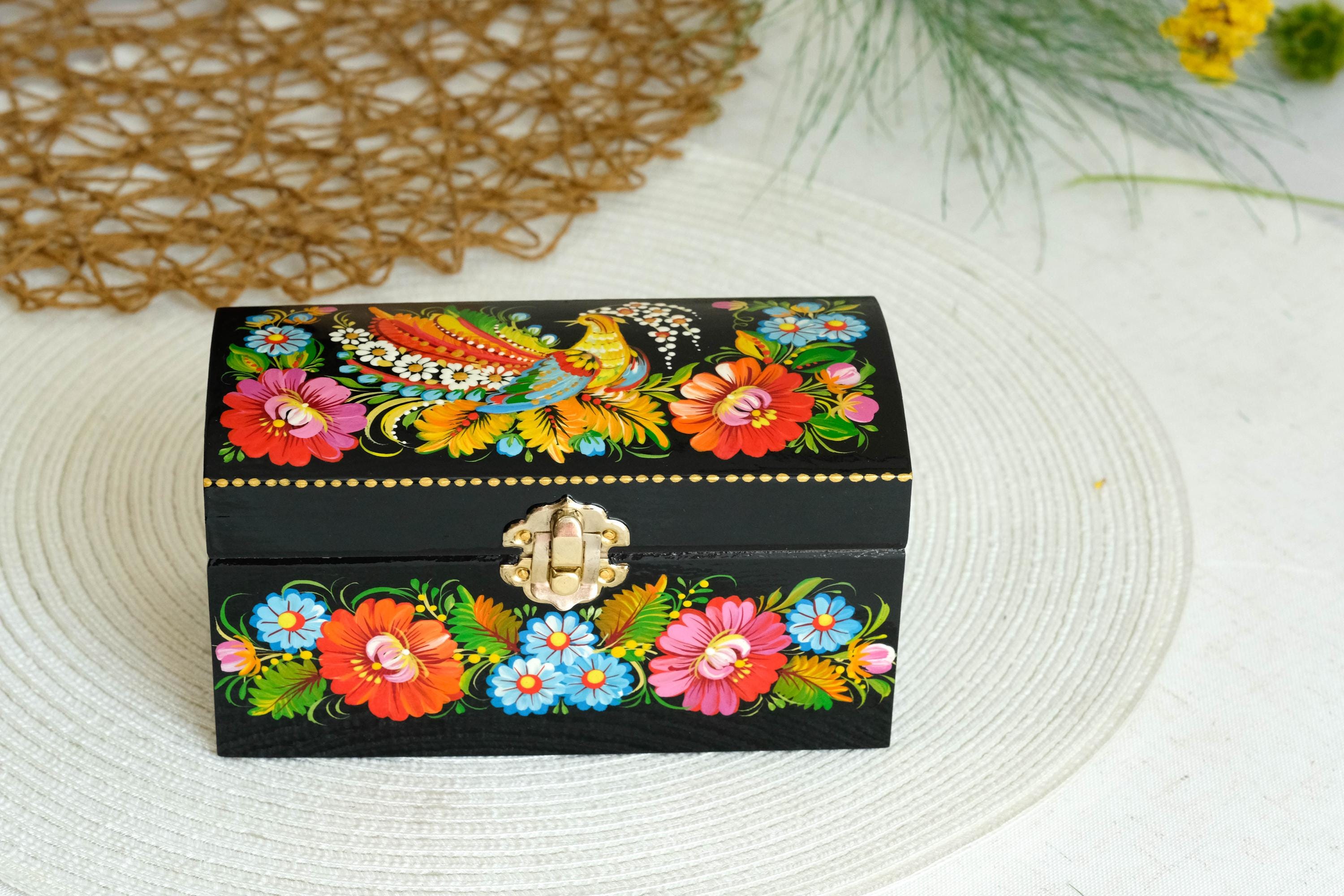 Painted Wooden Jewelry Box with Ukrainian Firebird 6.3" in - Traditional Petrykivka Folk Art