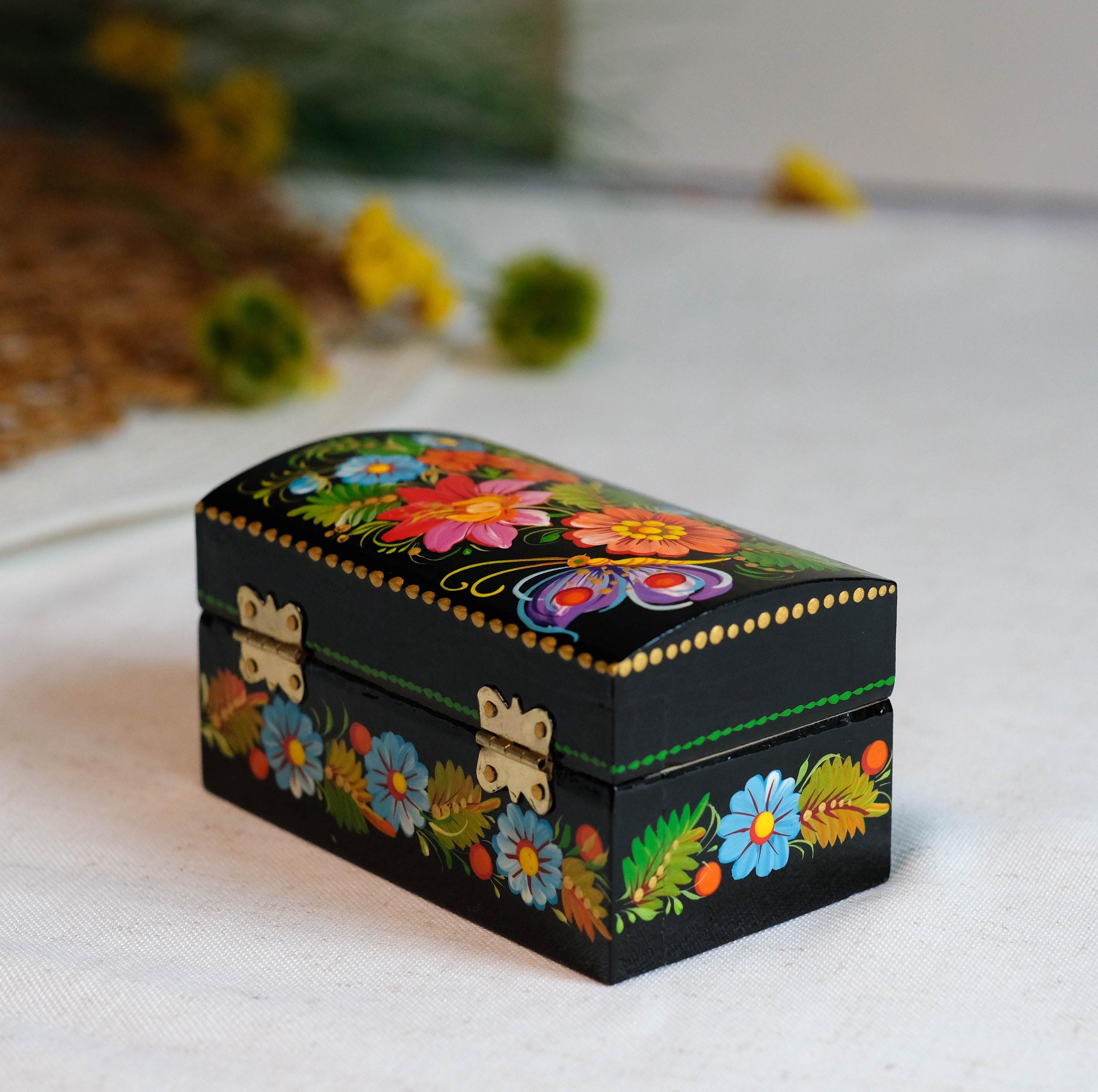 Painted Wooden Butterfly Jewelry Box 4.13 inches - Traditional Ukrainian Petrykivka Folk Art