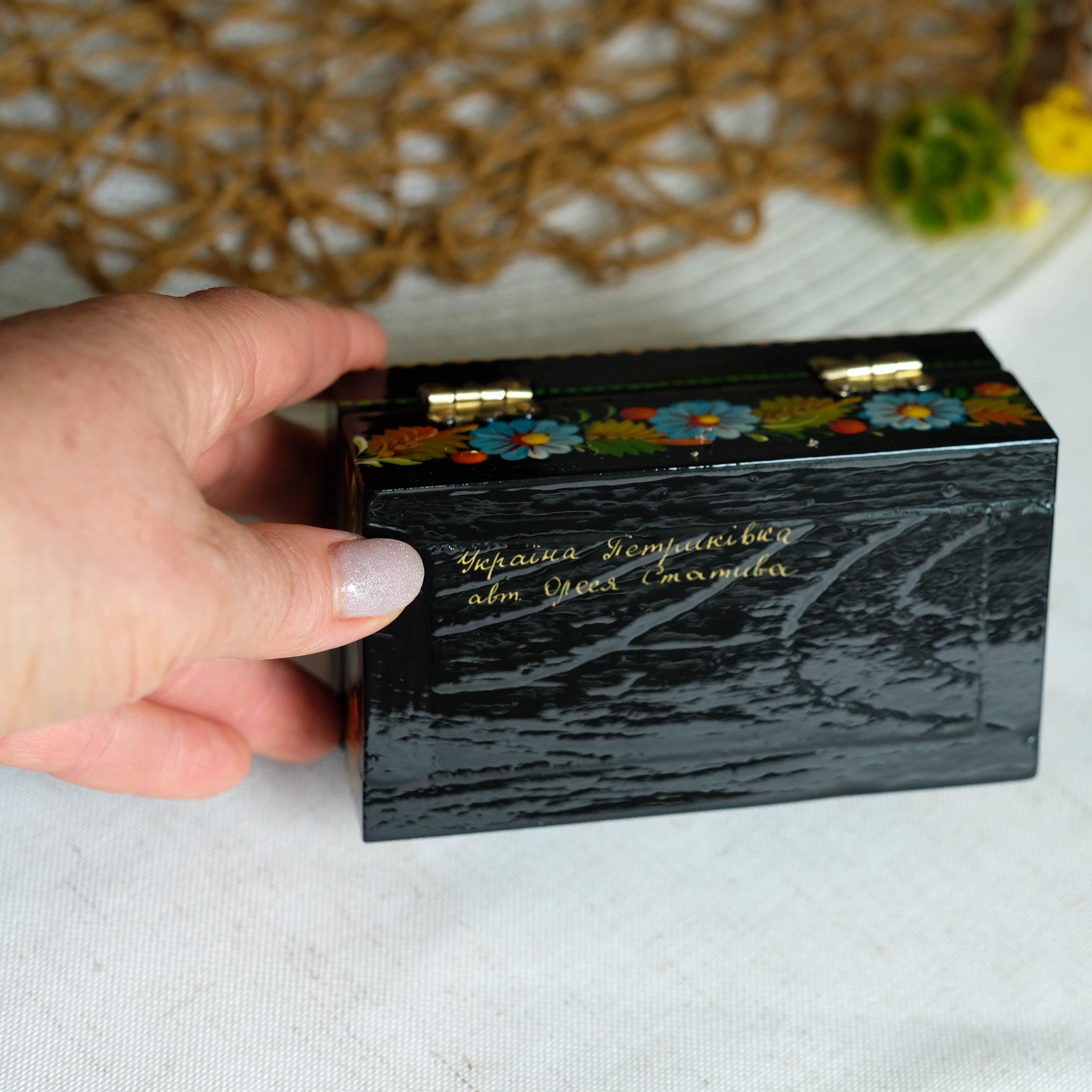 Painted Wooden Butterfly Jewelry Box 4.13 inches - Traditional Ukrainian Petrykivka Folk Art