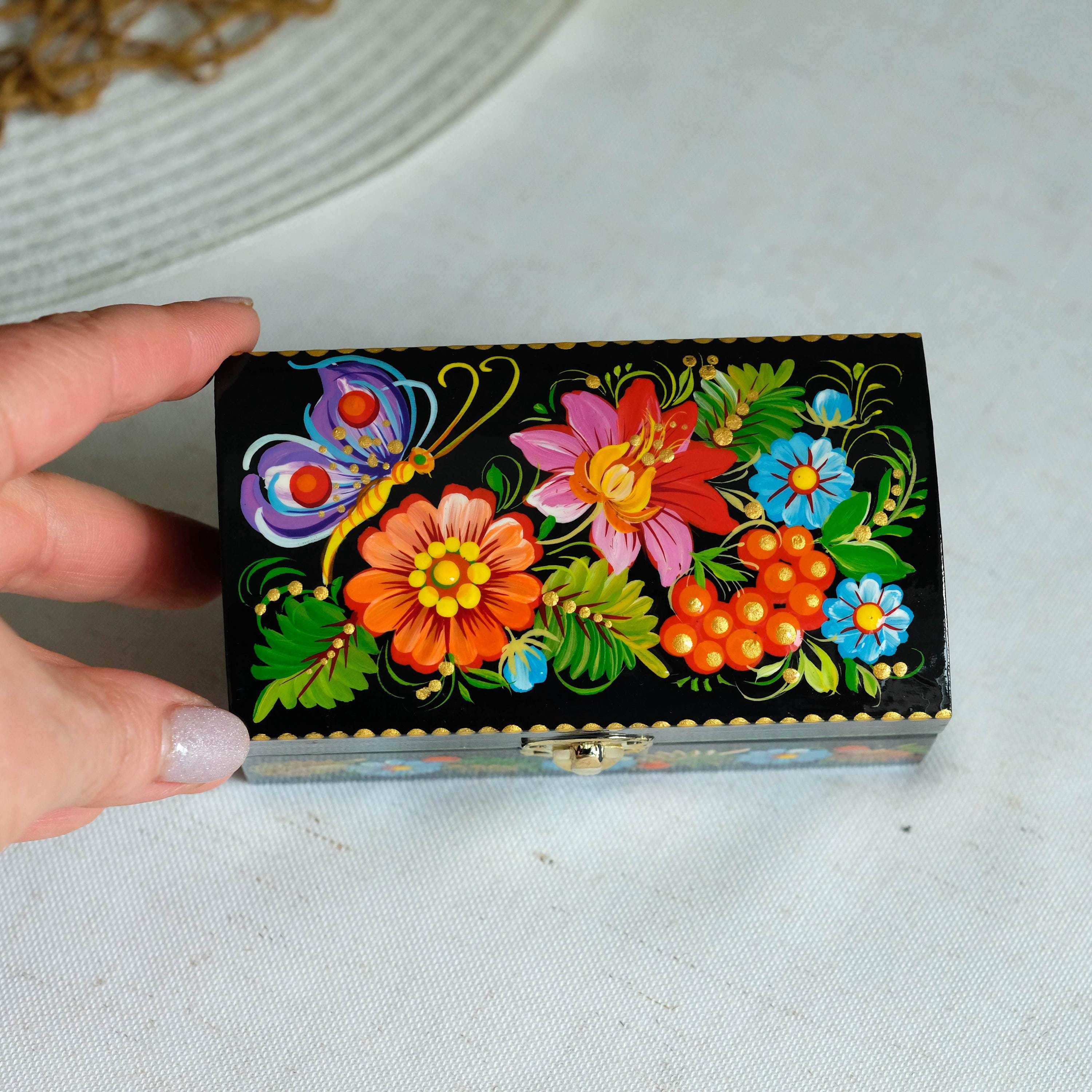 Painted Wooden Butterfly Jewelry Box 4.13 inches - Traditional Ukrainian Petrykivka Folk Art