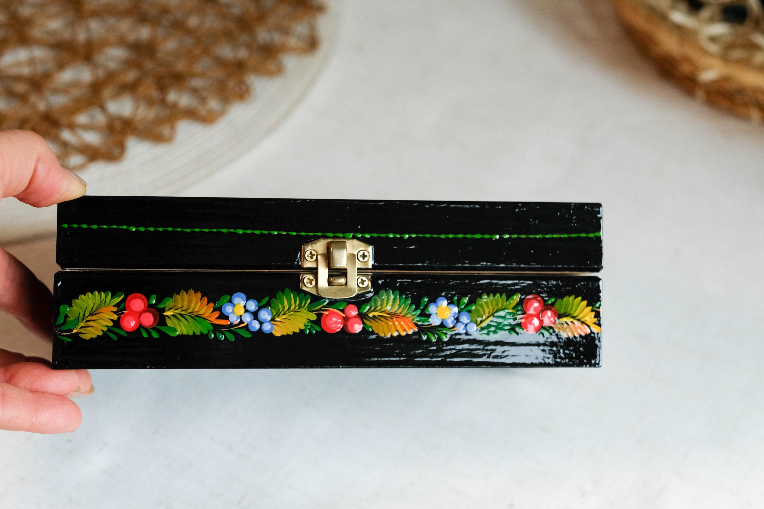 Painted Wooden Jewelry Box 7.48" - Pigeon Couple Treasure Chest with Ukrainian Petrykivka Folk Art