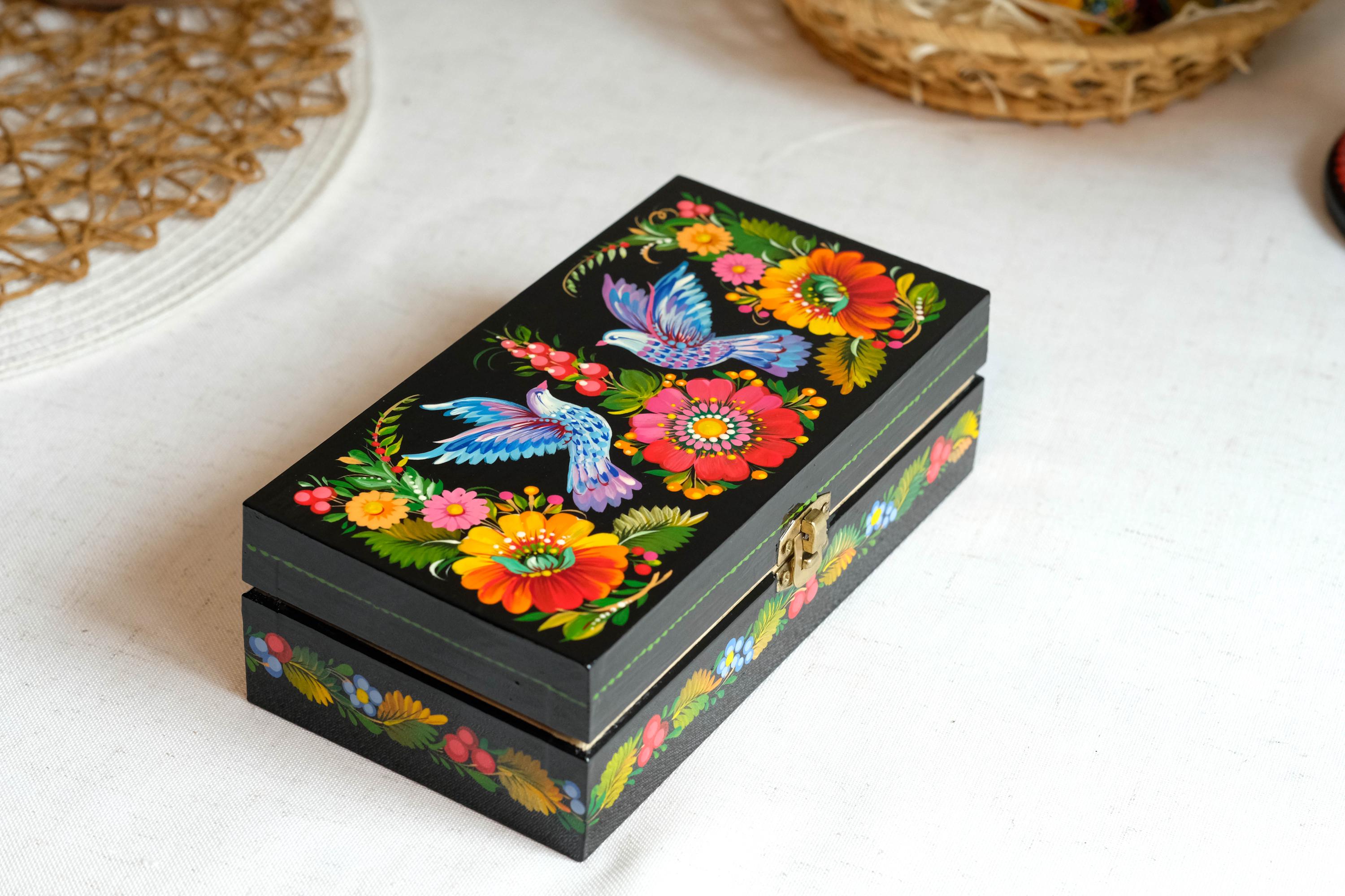 Painted Wooden Jewelry Box 7.48" - Pigeon Couple Treasure Chest with Ukrainian Petrykivka Folk Art