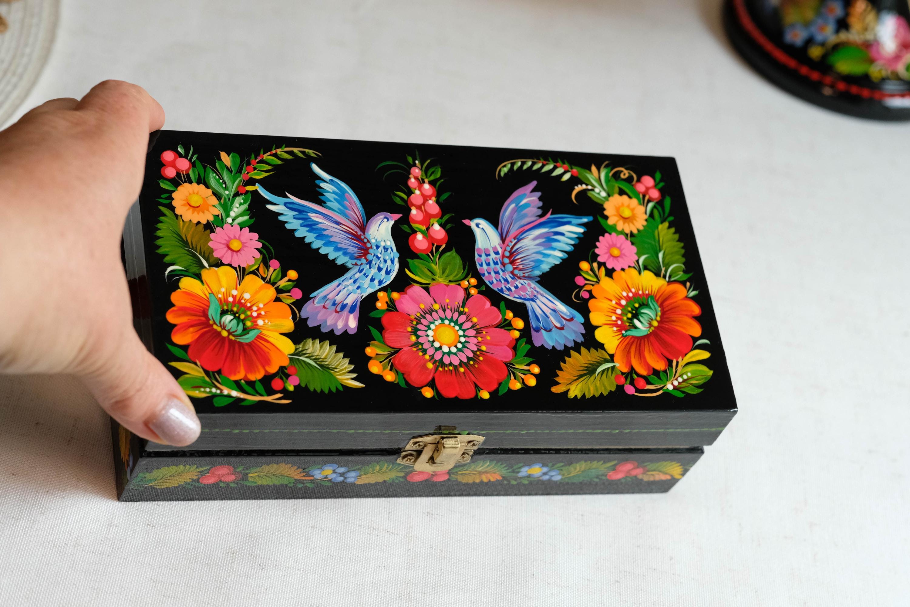 Painted Wooden Jewelry Box 7.48" - Pigeon Couple Treasure Chest with Ukrainian Petrykivka Folk Art