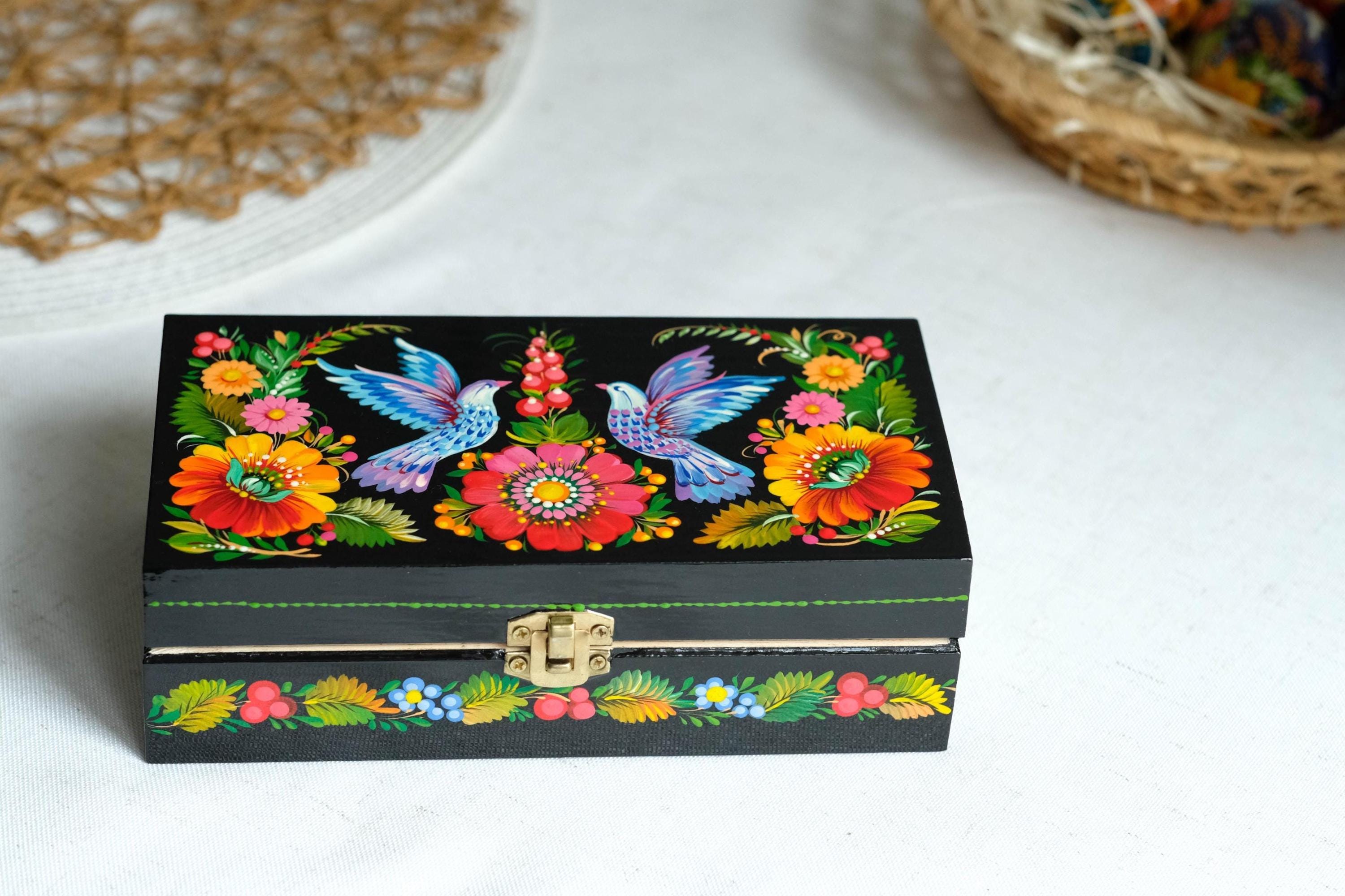 Painted Wooden Jewelry Box 7.48" - Pigeon Couple Treasure Chest with Ukrainian Petrykivka Folk Art