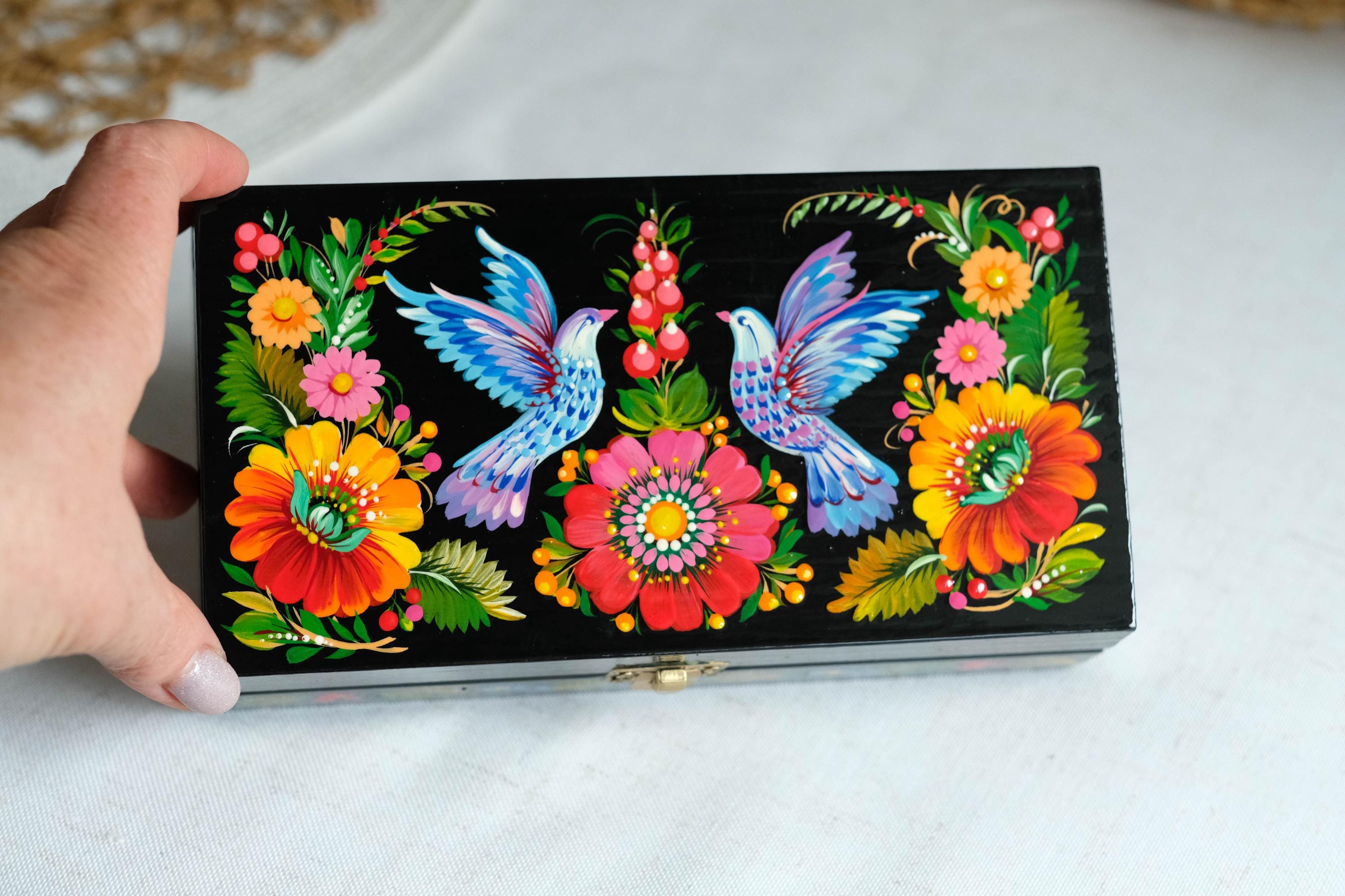 Painted Wooden Jewelry Box 7.48" - Pigeon Couple Treasure Chest with Ukrainian Petrykivka Folk Art