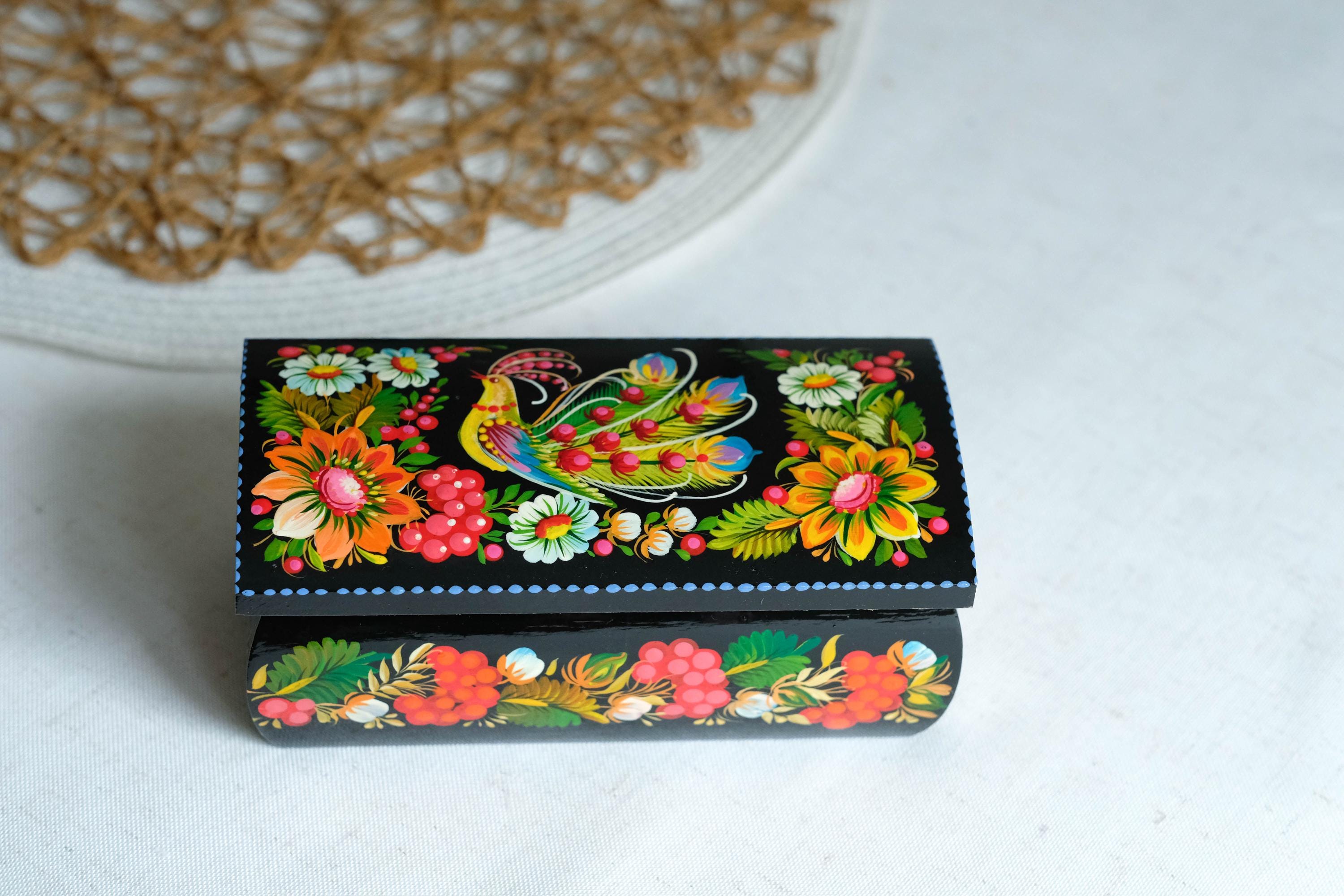 Painted Wooden Firebird Jewelry Box 6.3" - Ukrainian Traditional Petrykivka Folk Art