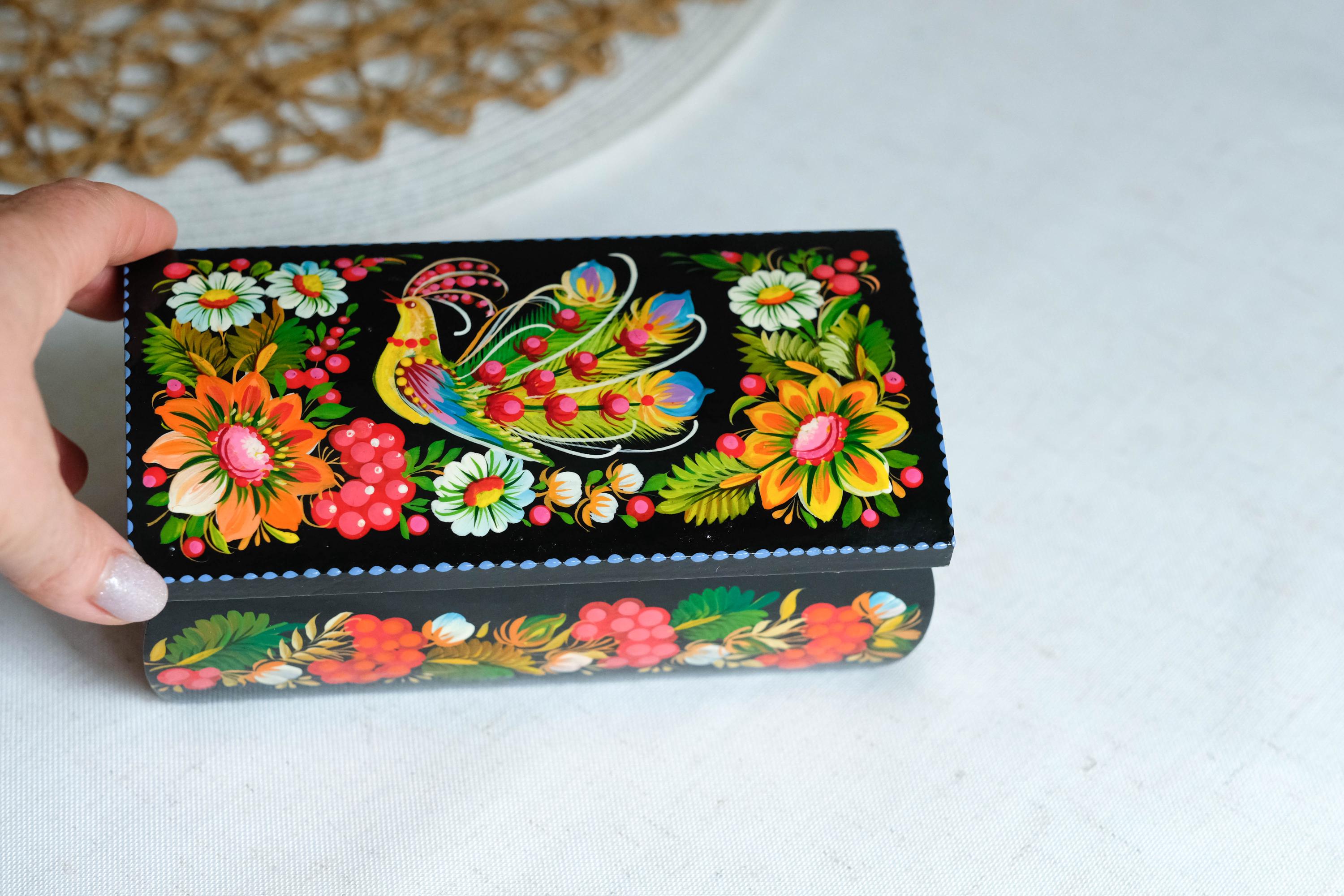 Painted Wooden Firebird Jewelry Box 6.3" - Ukrainian Traditional Petrykivka Folk Art