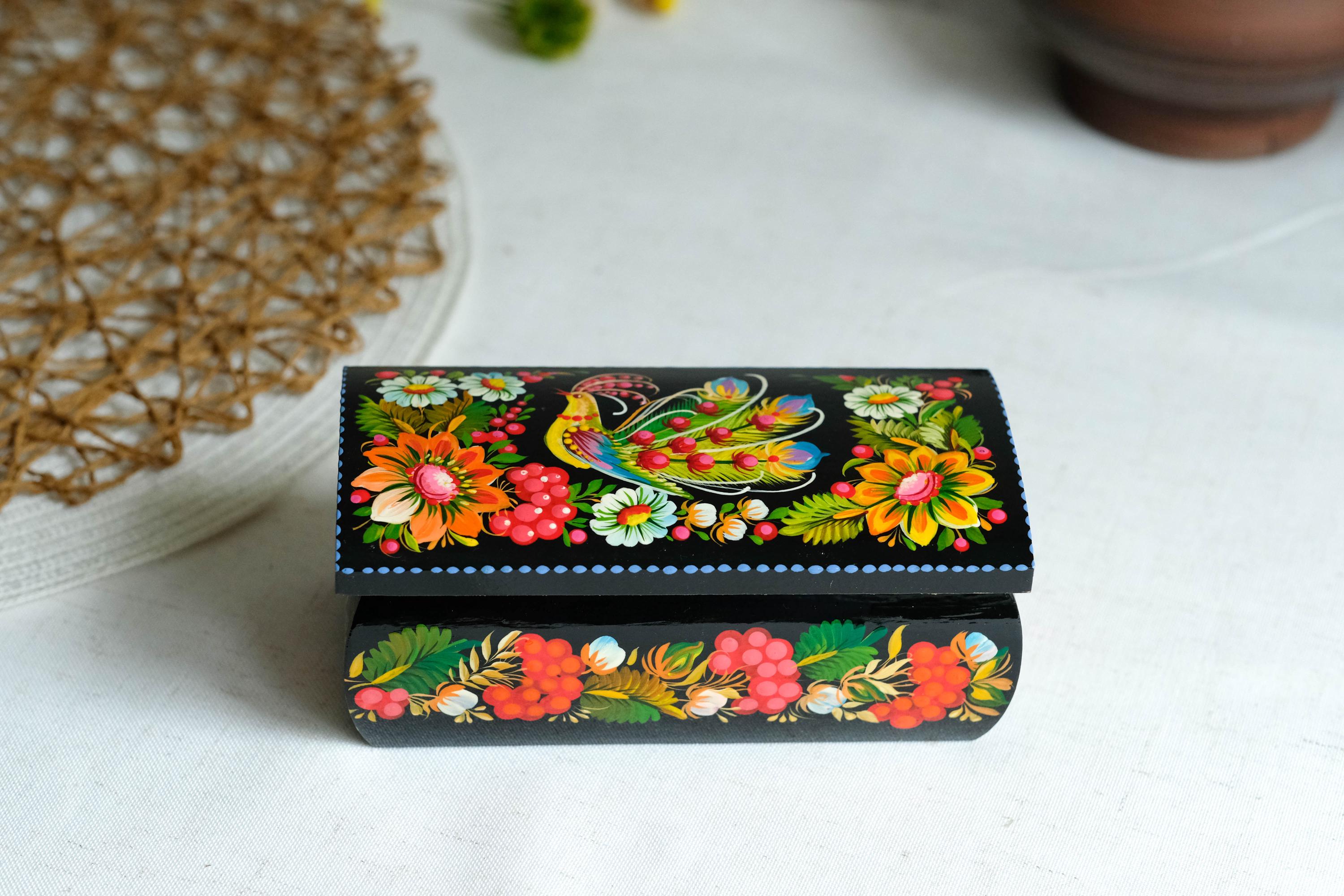 Painted Wooden Firebird Jewelry Box 6.3" - Ukrainian Traditional Petrykivka Folk Art