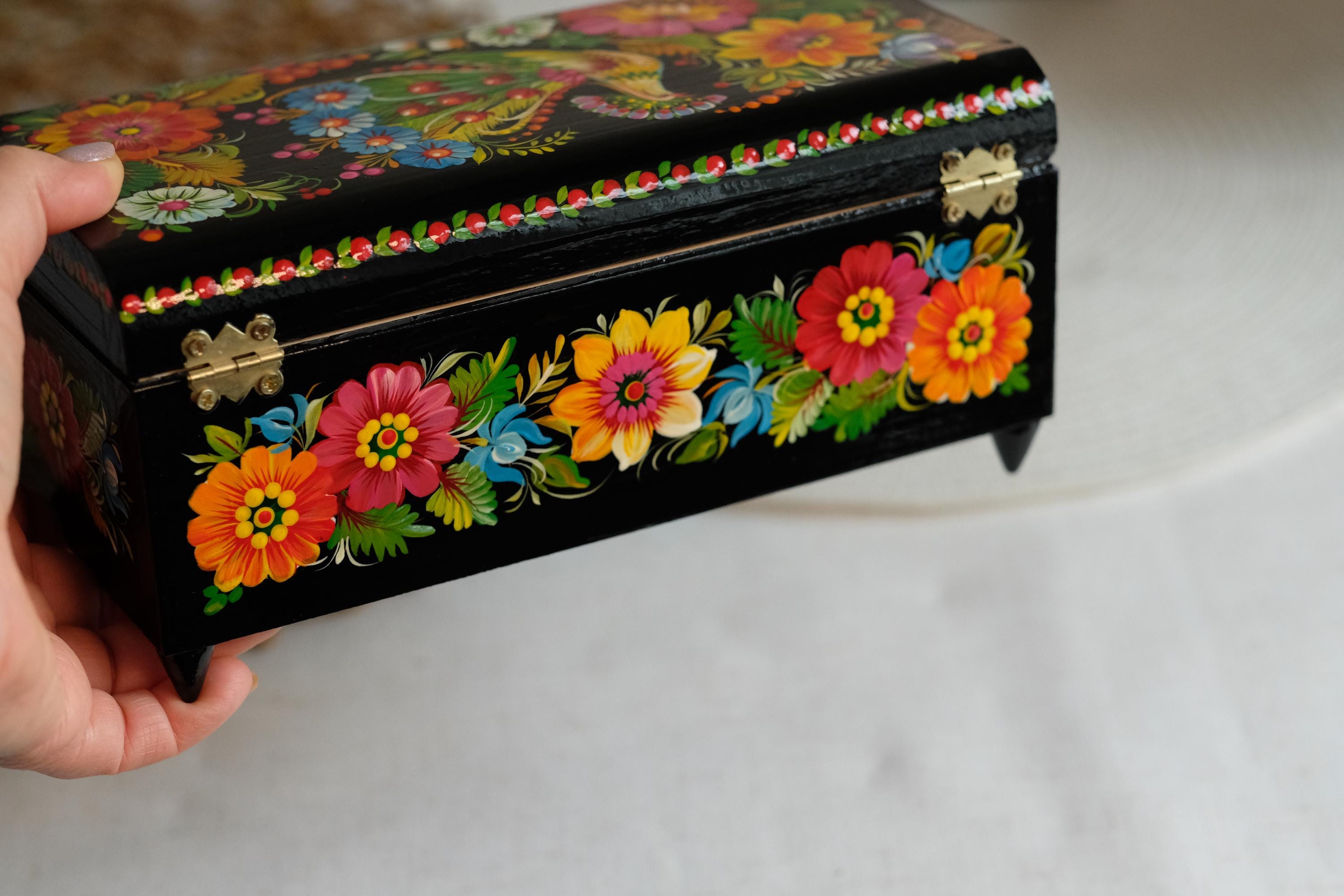 Painted Wooden Jewelry Box with Firebird & Sunflowers 8.27" - Ukrainian Traditional Petrykivka Folk Art
