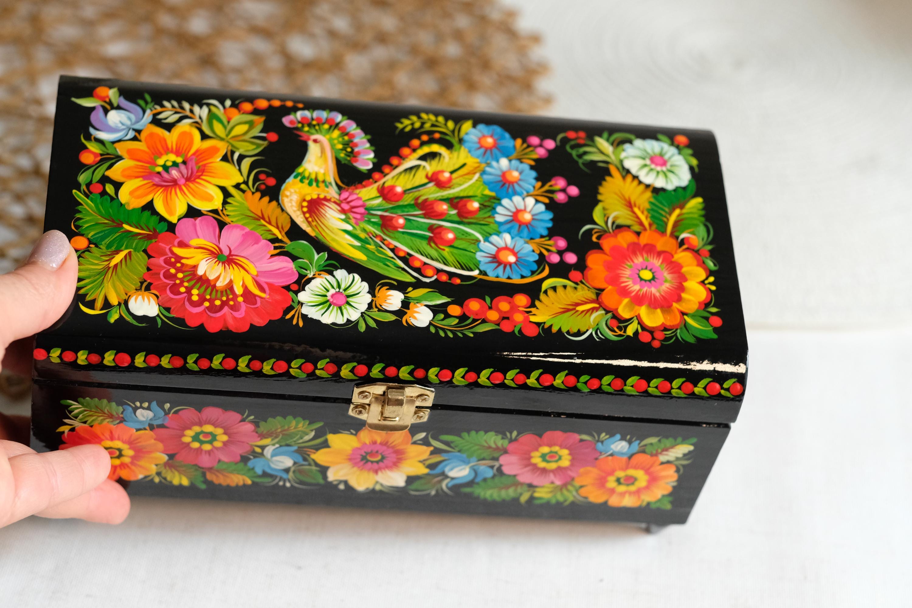 Painted Wooden Jewelry Box with Firebird & Sunflowers 8.27" - Ukrainian Traditional Petrykivka Folk Art