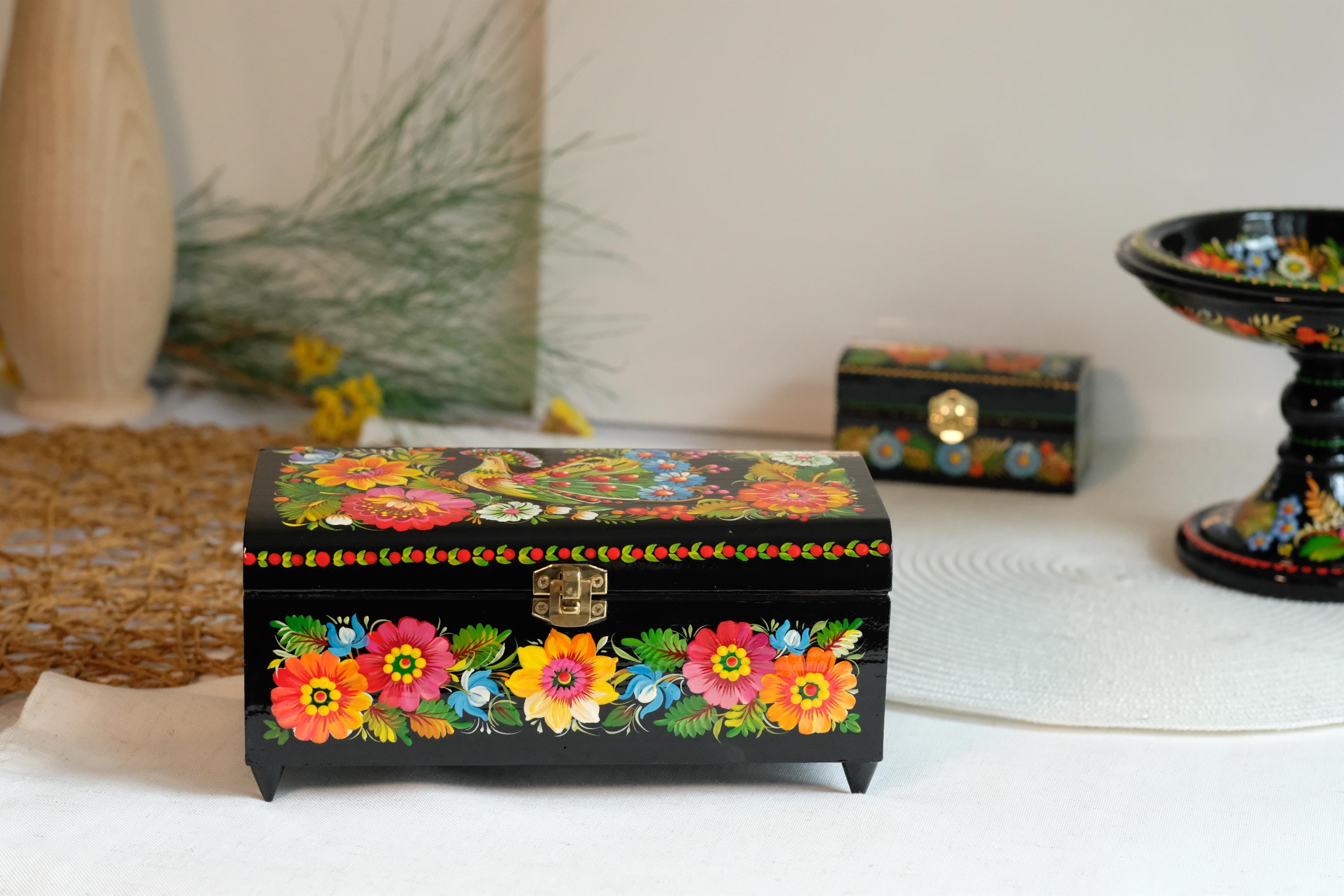 Painted Wooden Jewelry Box with Firebird & Sunflowers 8.27" - Ukrainian Traditional Petrykivka Folk Art