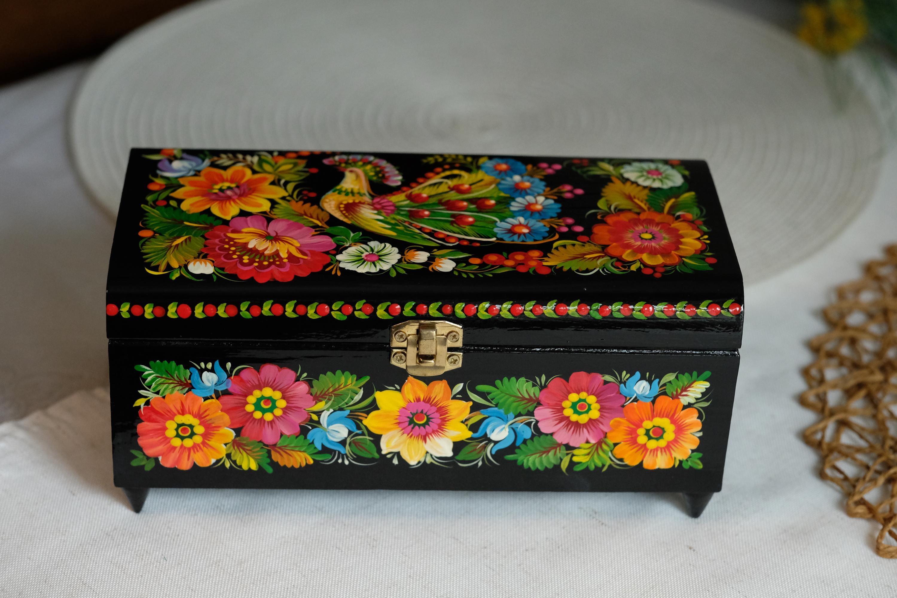 Painted Wooden Jewelry Box with Firebird & Sunflowers 8.27" - Ukrainian Traditional Petrykivka Folk Art