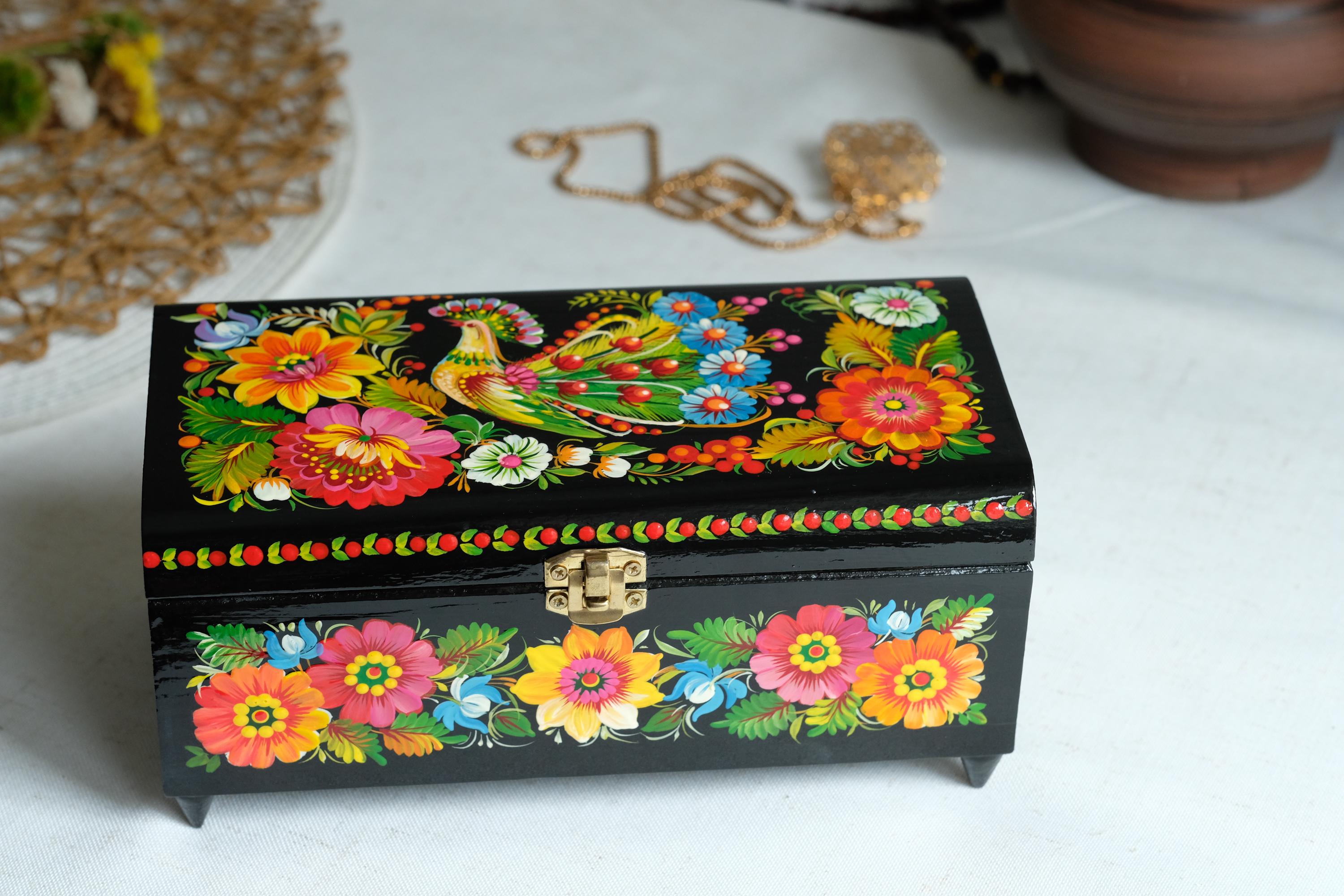 Painted Wooden Jewelry Box with Firebird & Sunflowers 8.27" - Ukrainian Traditional Petrykivka Folk Art