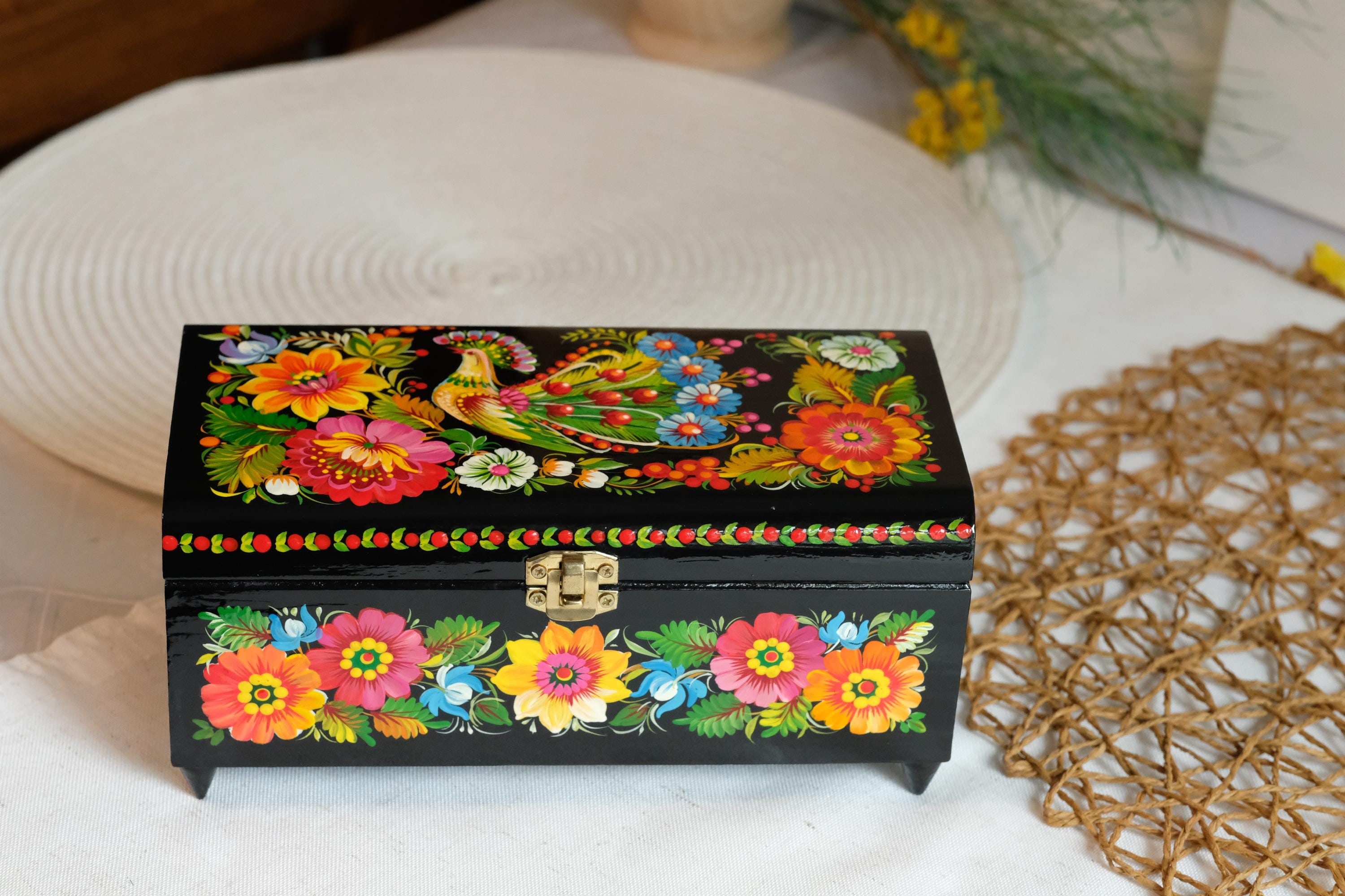 Painted Wooden Jewelry Box with Firebird & Sunflowers 8.27" - Ukrainian Traditional Petrykivka Folk Art