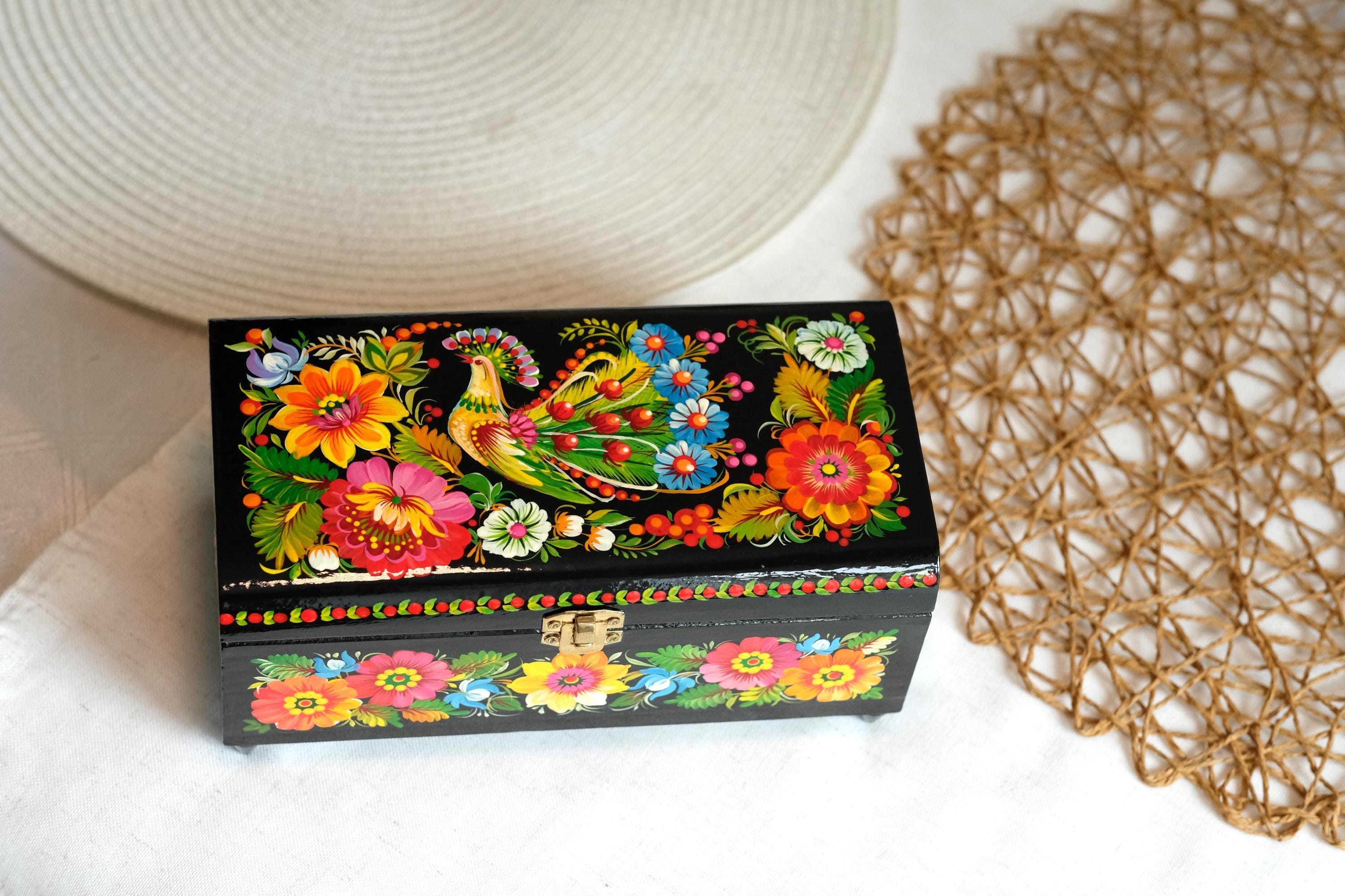 Painted Wooden Jewelry Box with Firebird & Sunflowers 8.27" - Ukrainian Traditional Petrykivka Folk Art