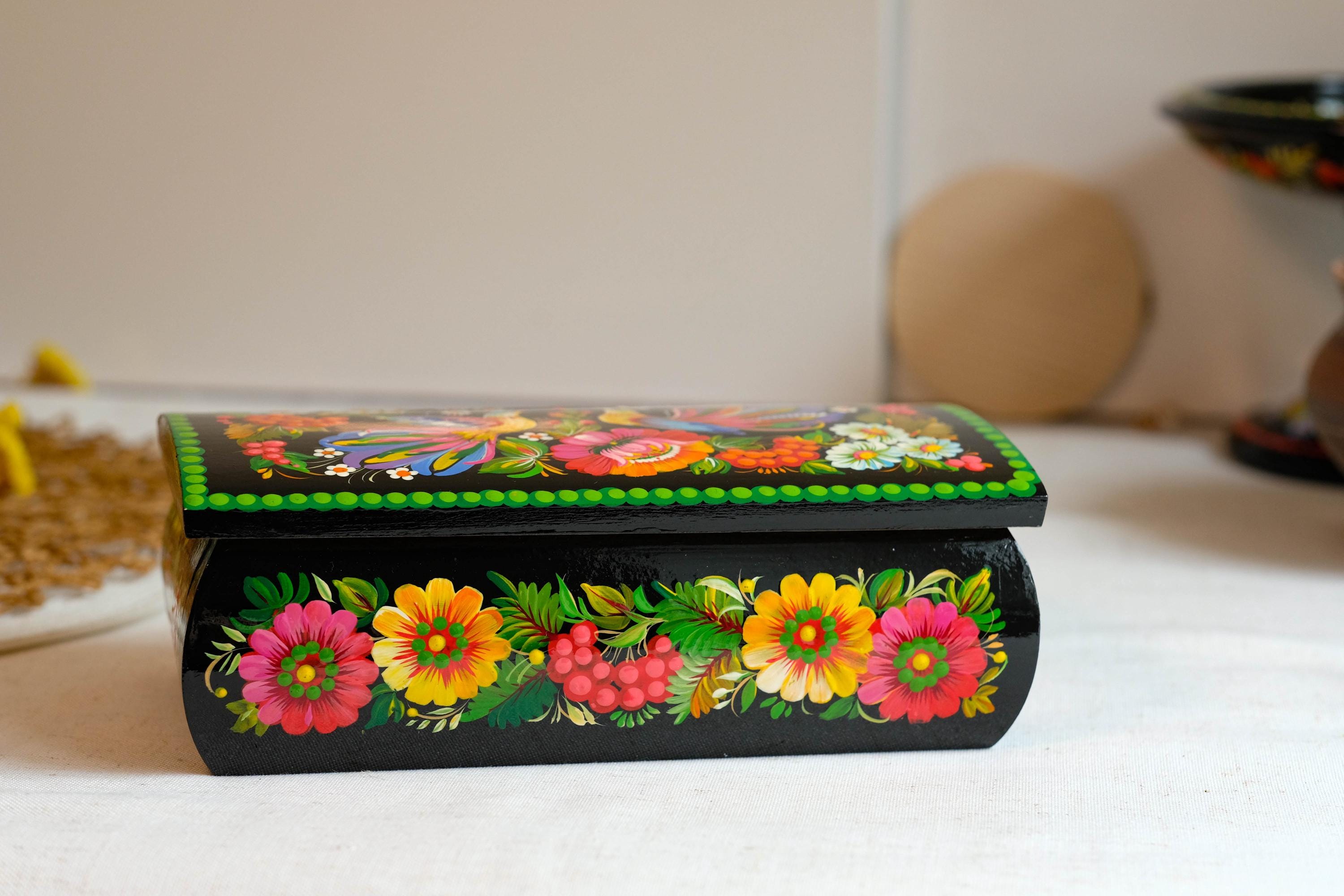Painted Wooden Jewelry Box 8.3" - Firebirds Couple Treasure Chest with Ukrainian Petrykivka Art
