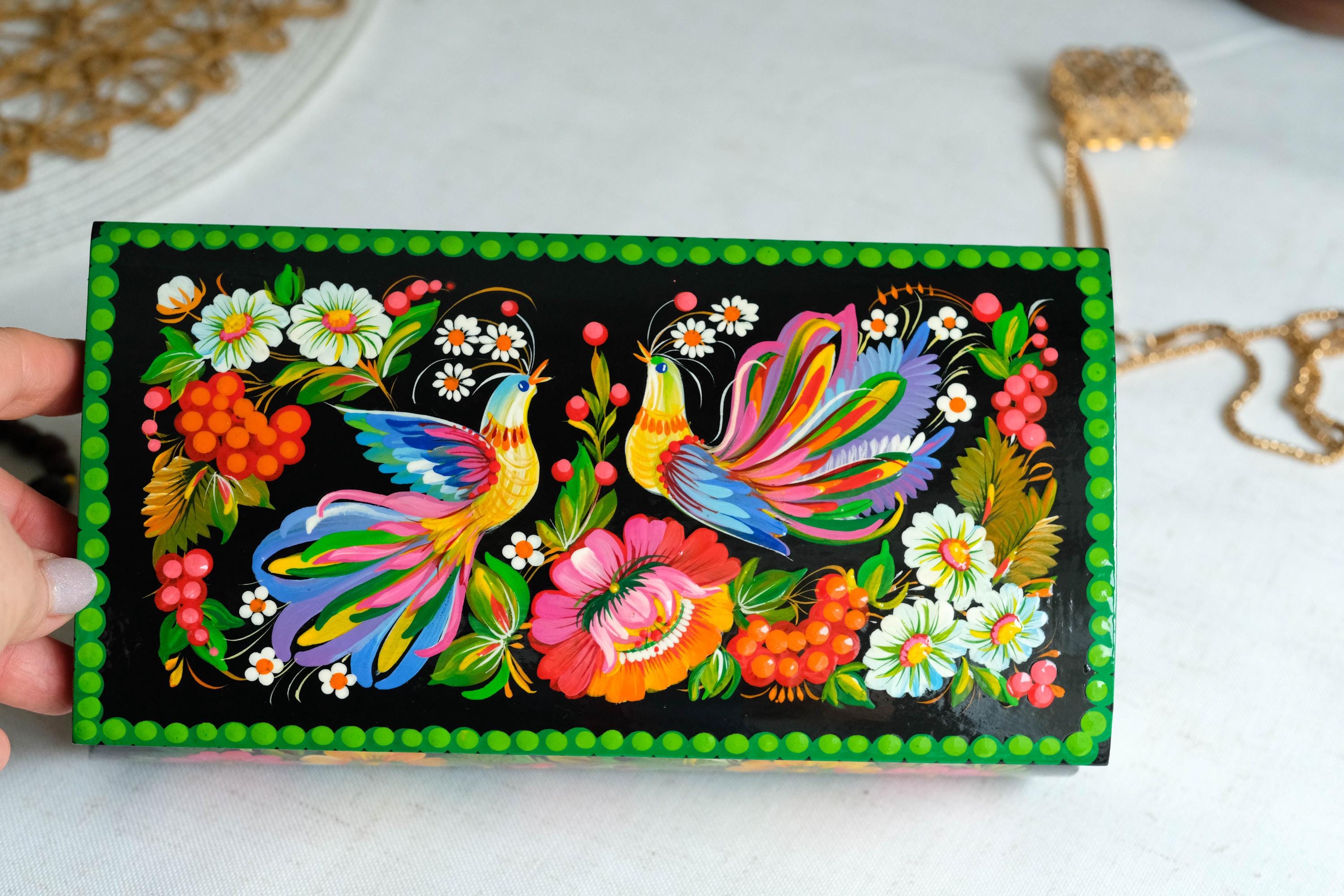 Painted Wooden Jewelry Box 8.3" - Firebirds Couple Treasure Chest with Ukrainian Petrykivka Art