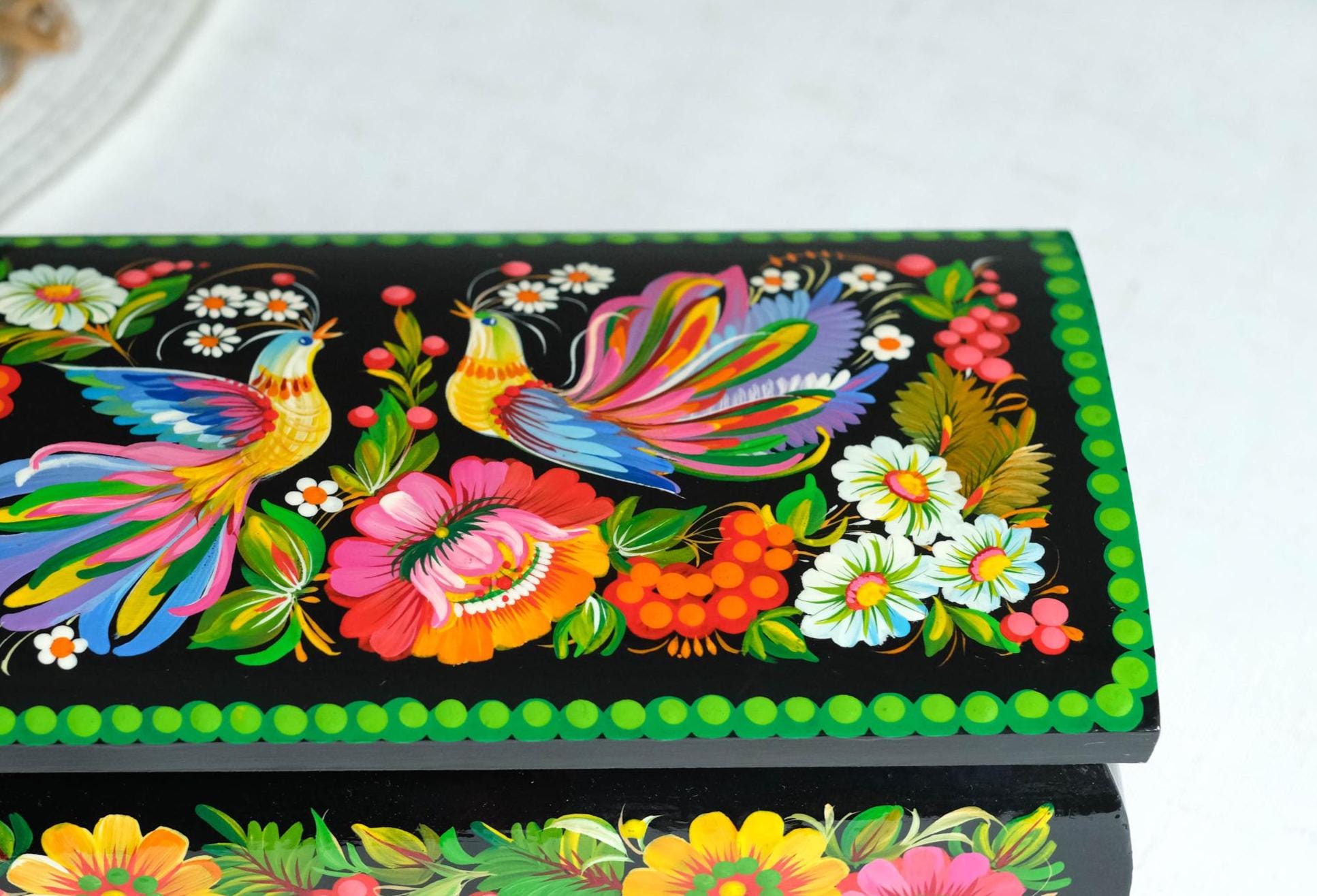 Painted Wooden Jewelry Box 8.3" - Firebirds Couple Treasure Chest with Ukrainian Petrykivka Art