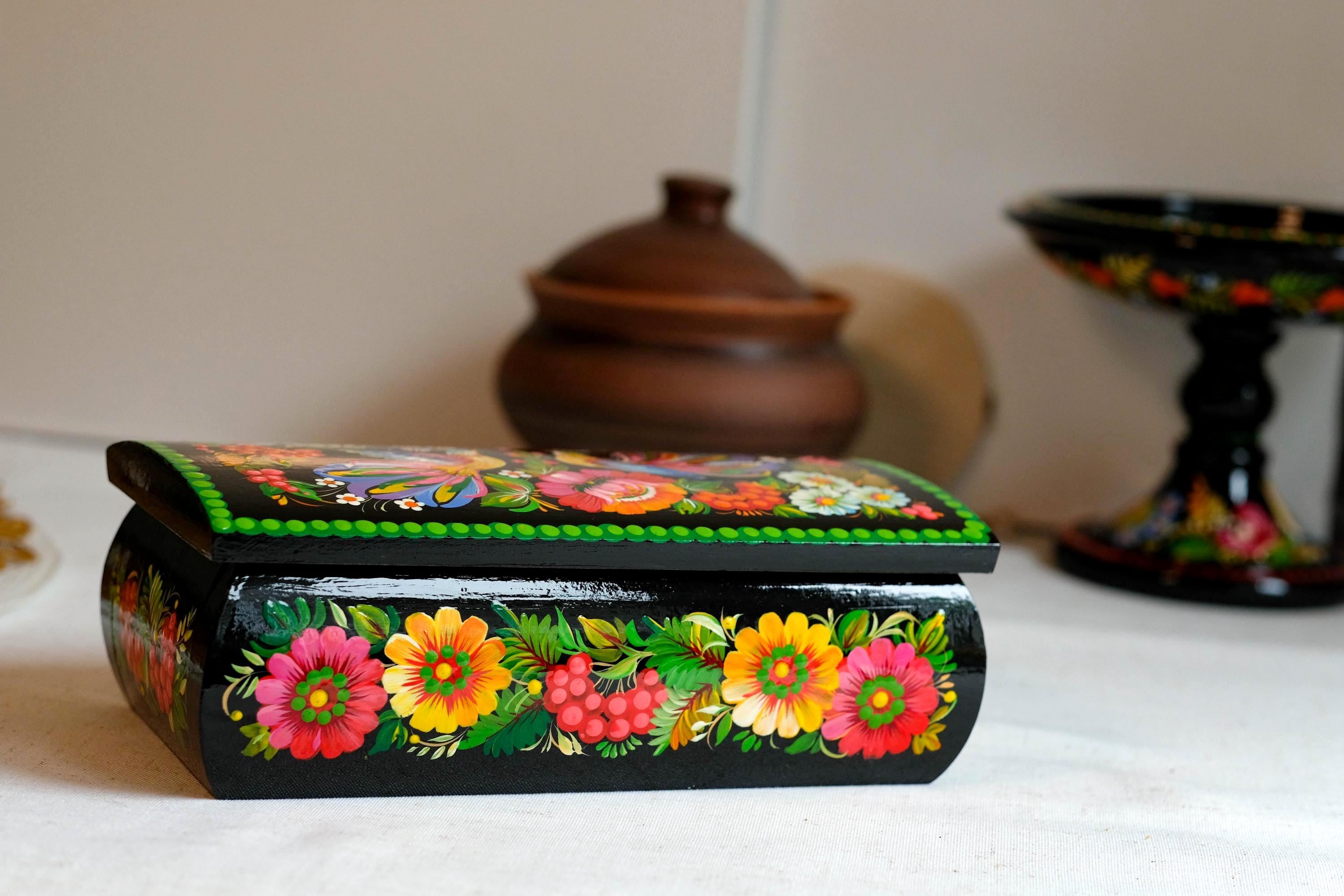 Painted Wooden Jewelry Box 8.3" - Firebirds Couple Treasure Chest with Ukrainian Petrykivka Art
