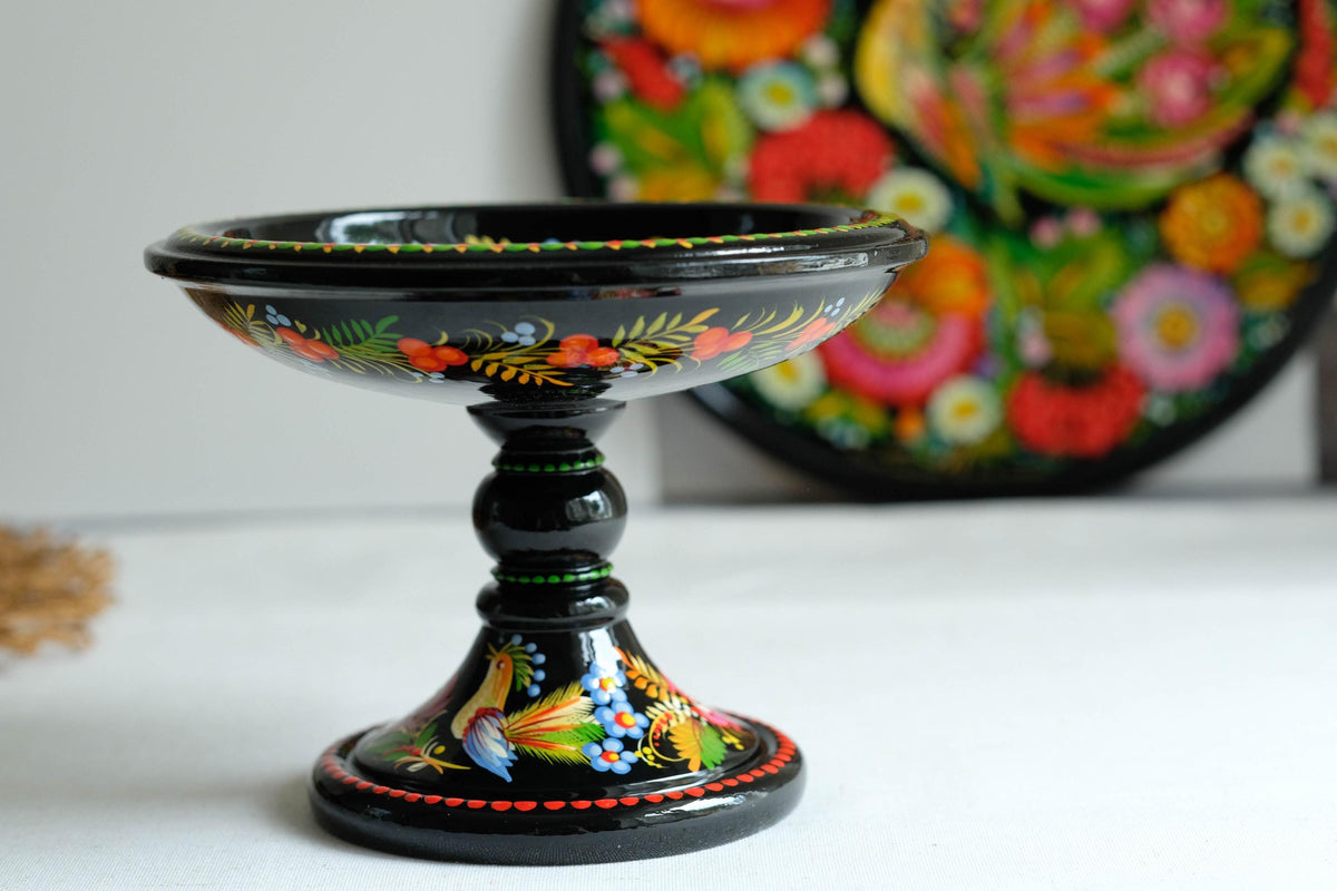 Hand-painted wooden pedestal bowl - Fairy bird Petrykivka candy bowl, Ukrainian decorative bowl for candies, keys, jewelry, décor