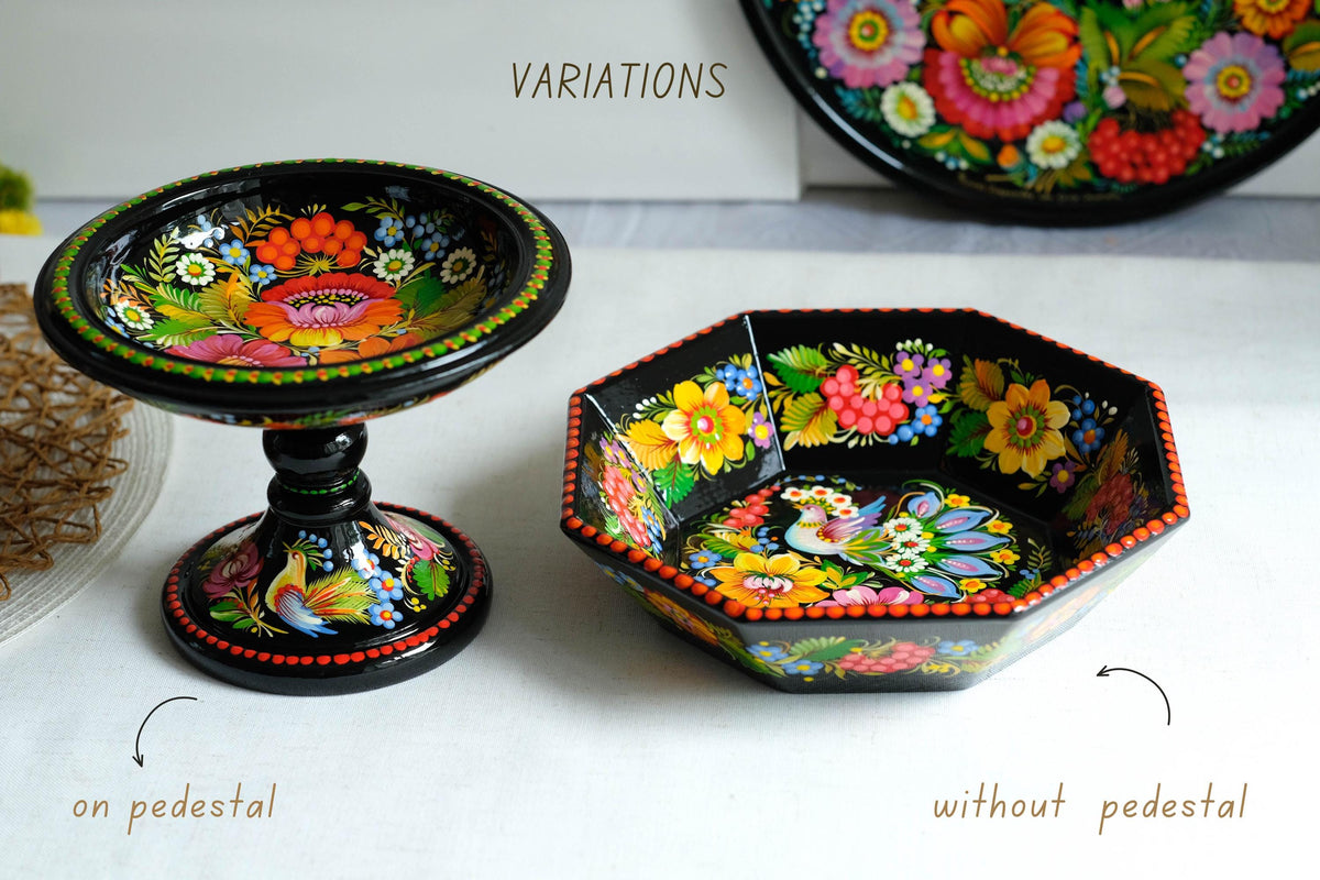 Hand-painted wooden pedestal bowl - Fairy bird Petrykivka candy bowl, Ukrainian decorative bowl for candies, keys, jewelry, décor