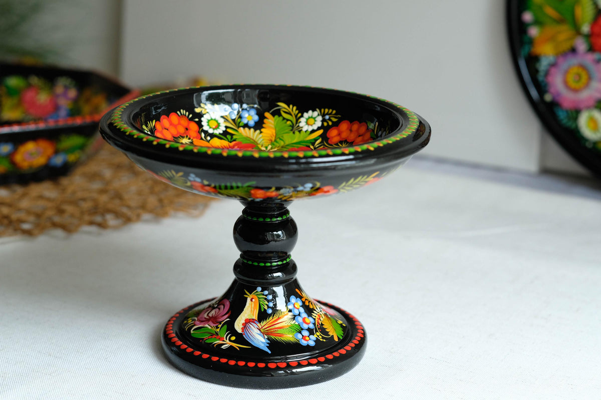 Hand-painted wooden pedestal bowl - Fairy bird Petrykivka candy bowl, Ukrainian decorative bowl for candies, keys, jewelry, décor