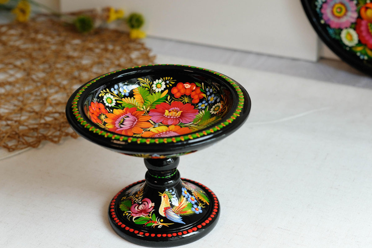 Hand-painted wooden pedestal bowl - Fairy bird Petrykivka candy bowl, Ukrainian decorative bowl for candies, keys, jewelry, décor