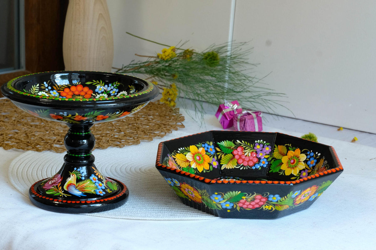 Hand-painted wooden pedestal bowl - Fairy bird Petrykivka candy bowl, Ukrainian decorative bowl for candies, keys, jewelry, décor