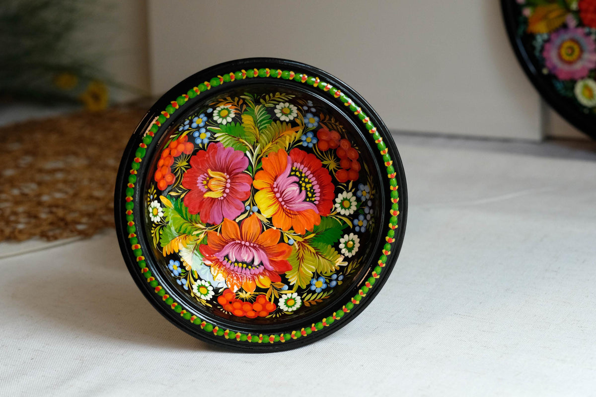 Hand-painted wooden pedestal bowl - Fairy bird Petrykivka candy bowl, Ukrainian decorative bowl for candies, keys, jewelry, décor