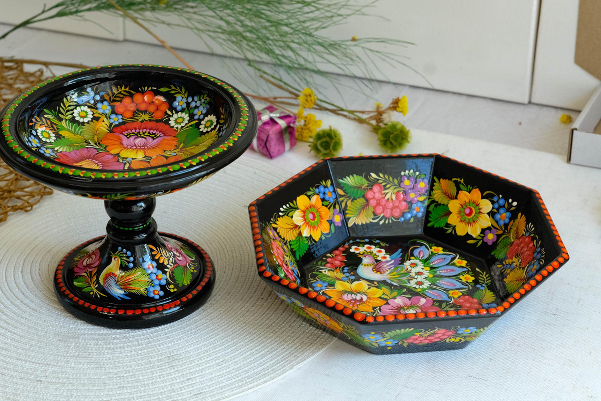 Hand-painted wooden pedestal bowl - Fairy bird Petrykivka candy bowl, Ukrainian decorative bowl for candies, keys, jewelry, décor