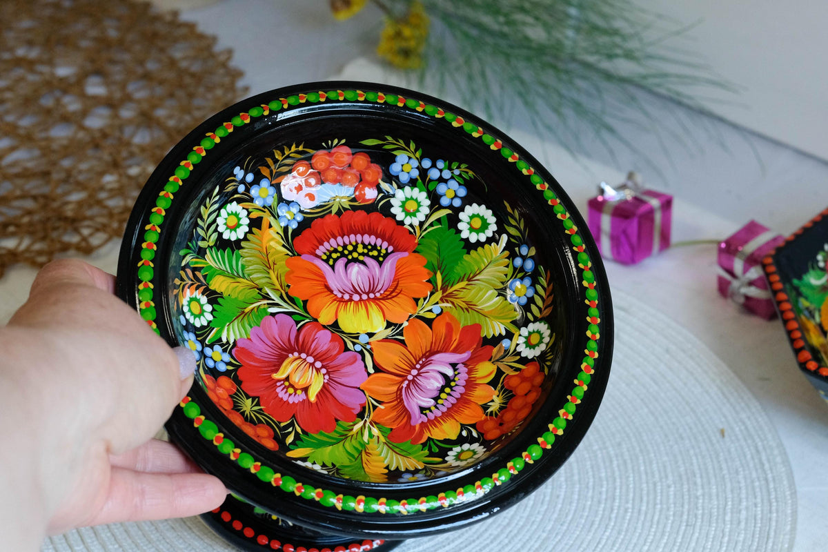 Hand-painted wooden pedestal bowl - Fairy bird Petrykivka candy bowl, Ukrainian decorative bowl for candies, keys, jewelry, décor