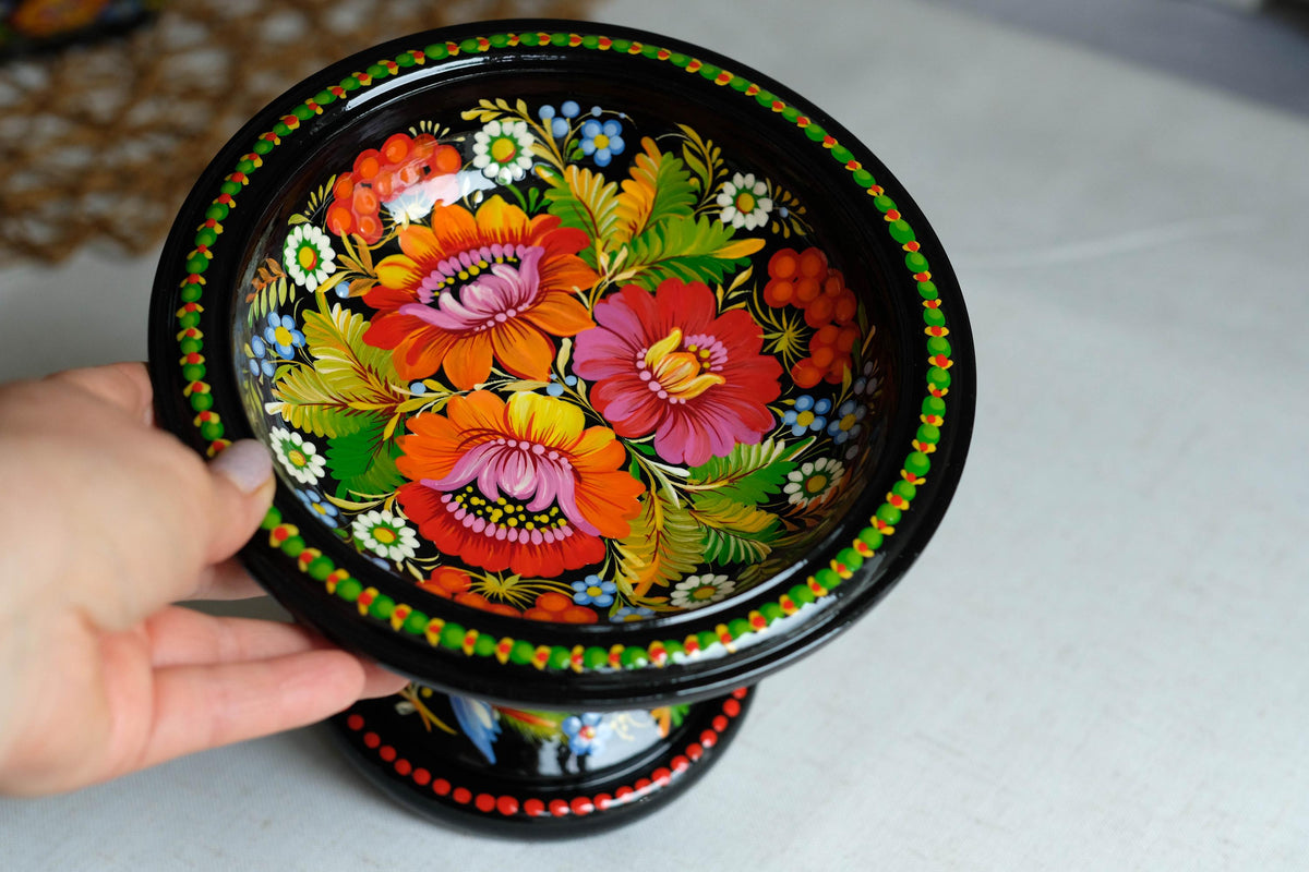 Hand-painted wooden pedestal bowl - Fairy bird Petrykivka candy bowl, Ukrainian decorative bowl for candies, keys, jewelry, décor