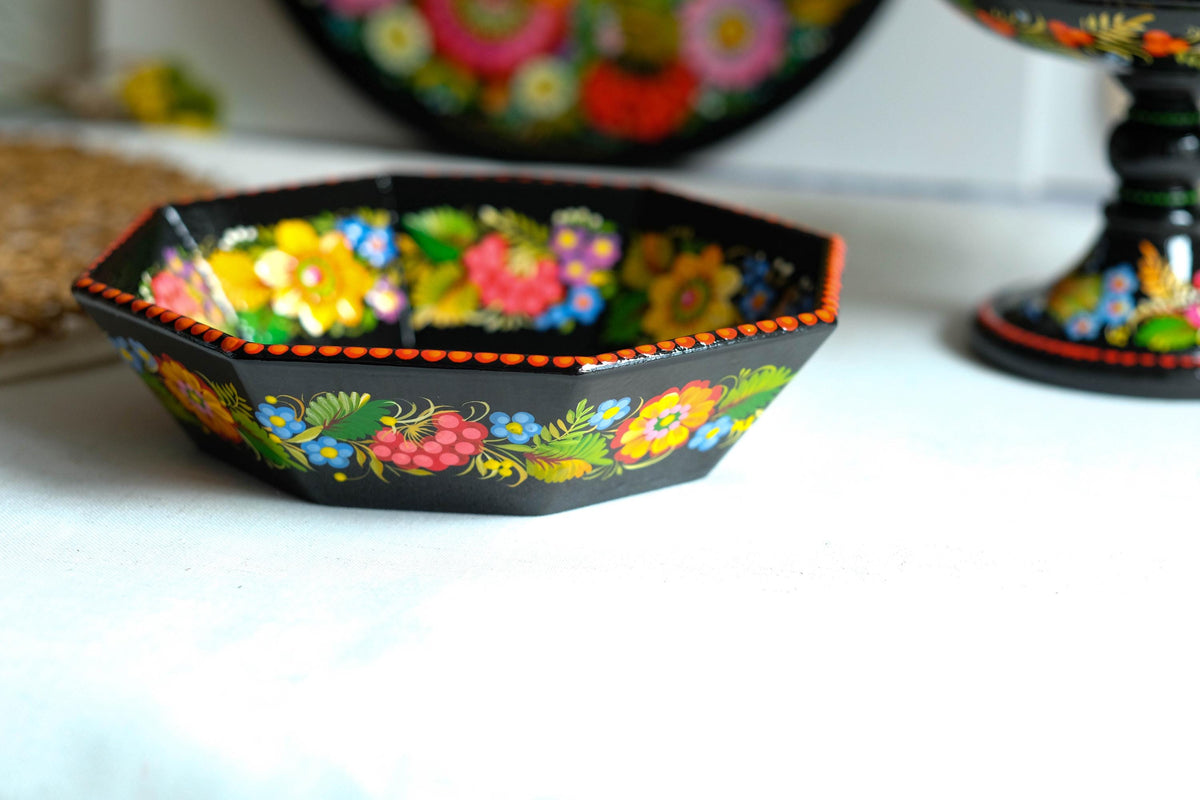 Hand-Painted Petrykivka Wooden Candy Bowl, Ukrainian Folk Art with Fairy Bird & Sunflowers