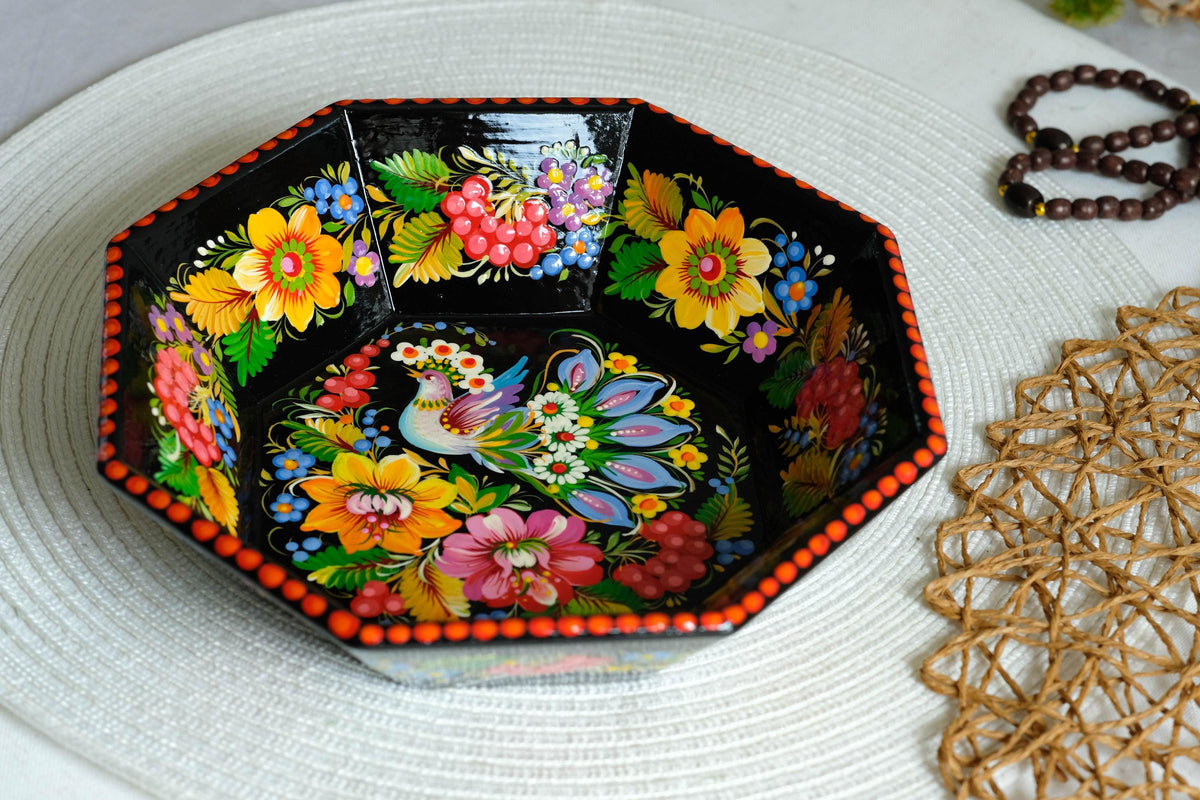 Hand-Painted Petrykivka Wooden Candy Bowl, Ukrainian Folk Art with Fairy Bird & Sunflowers
