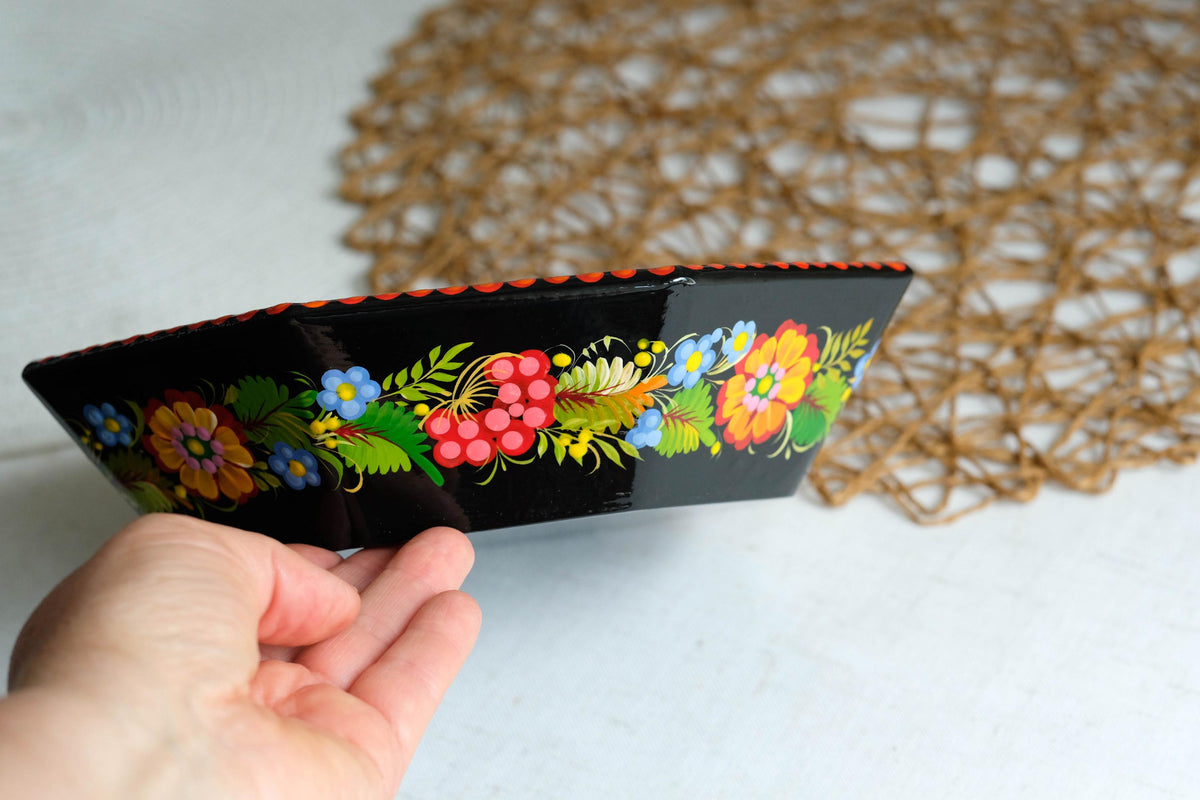 Hand-Painted Petrykivka Wooden Candy Bowl, Ukrainian Folk Art with Fairy Bird & Sunflowers
