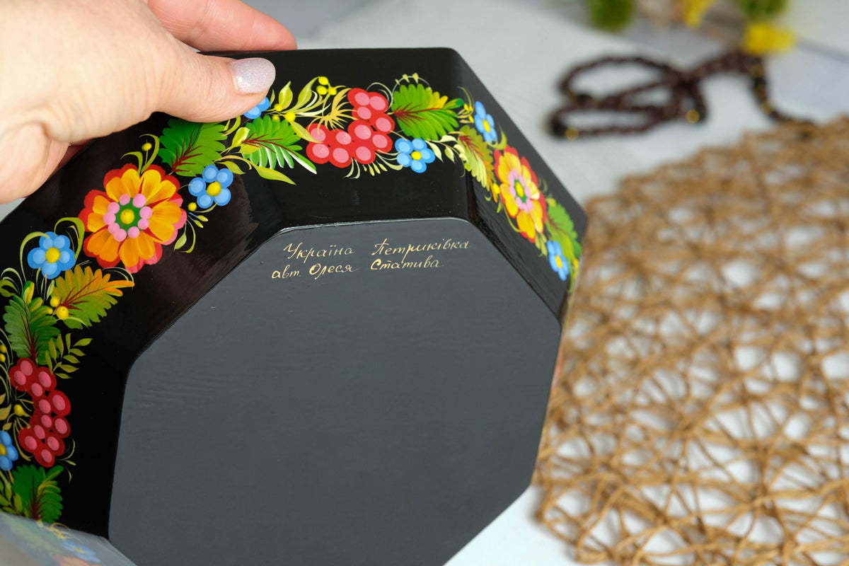 Hand-Painted Petrykivka Wooden Candy Bowl, Ukrainian Folk Art with Fairy Bird & Sunflowers