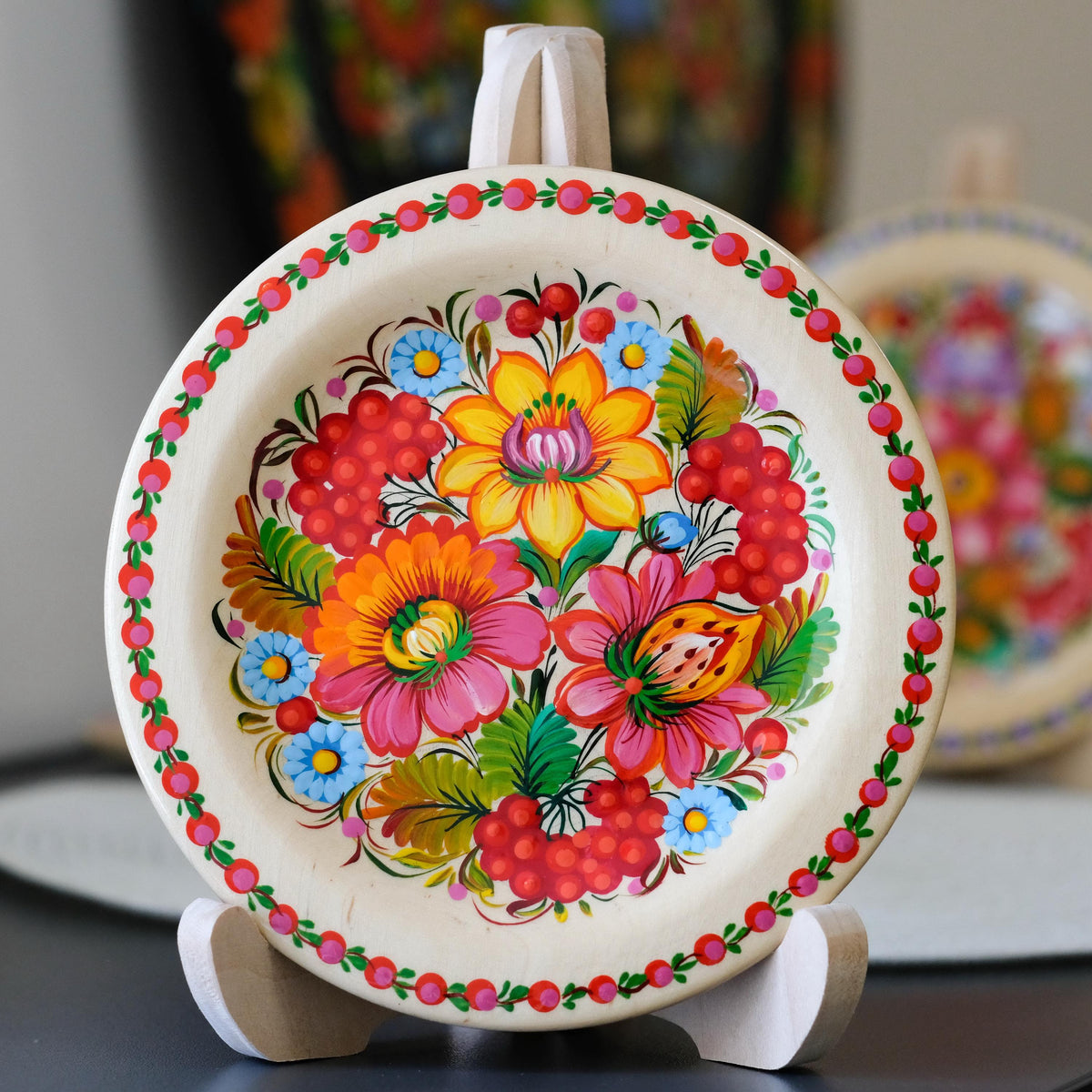 Painted Wooden Plate with Petrykivka Art 5.9 inches, Ukrainian Folk Art - Wall Hanging or Tabletop Display