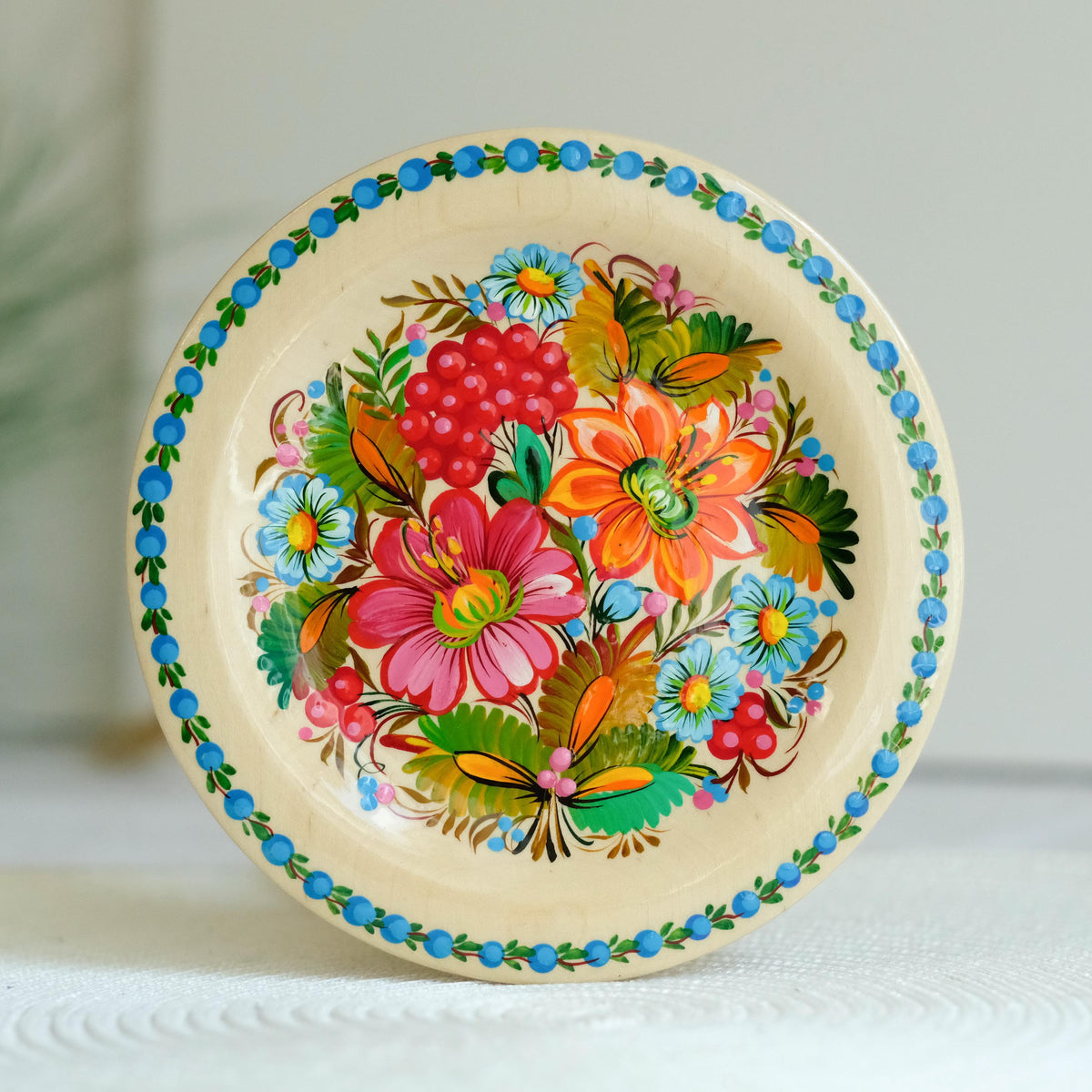Painted Wooden Plate with Petrykivka Art 5.9 inches - Ukrainian Folk Art, with loop on the back