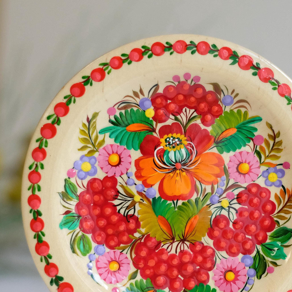 Painted Wooden Plate with Petrykivka Art 5.9 inches - Ukrainian Folk Art, with loop on the back