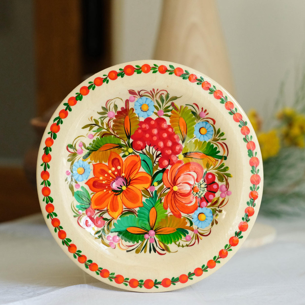 Painted Wooden Plate with Petrykivka Art 5.9 inches, Ukrainian Folk Art - Wall Hanging or Tabletop Display