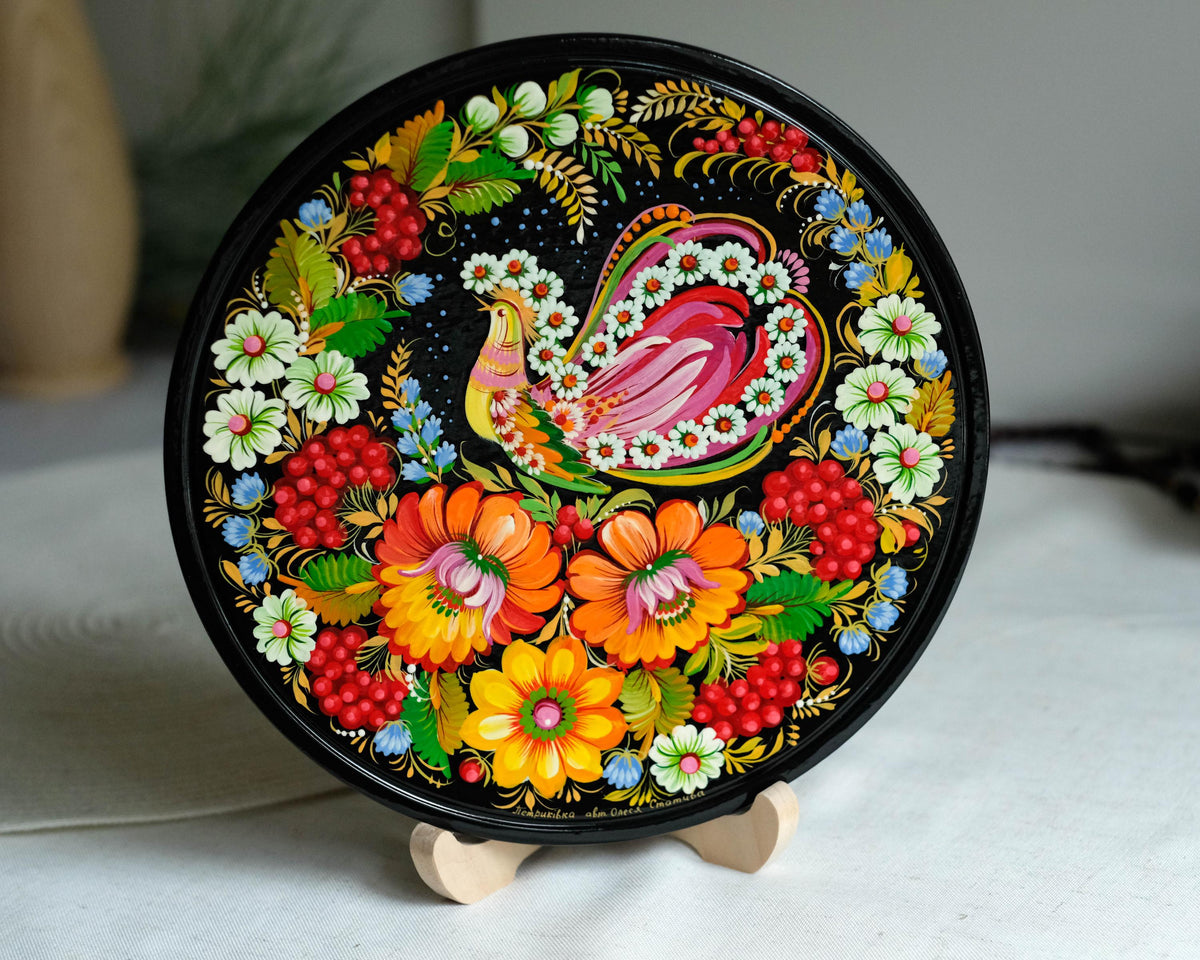 Painted Wooden Firebird Plate, Petrykivka Ukrainian Folk Art - Wall Hanging & Tabletop Display