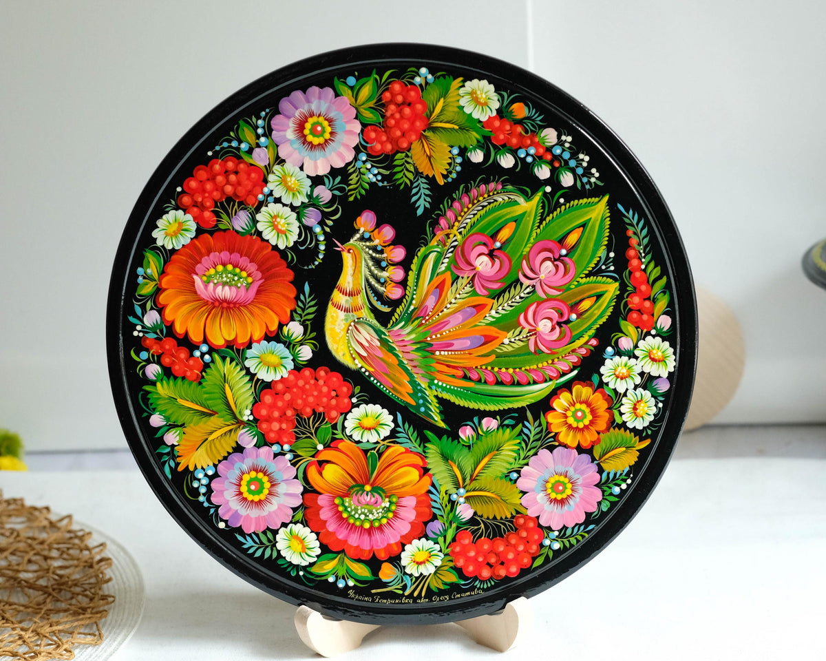 Painted Wooden Firebird Plate, Petrykivka Ukrainian Folk Art - Wall Hanging & Tabletop Display