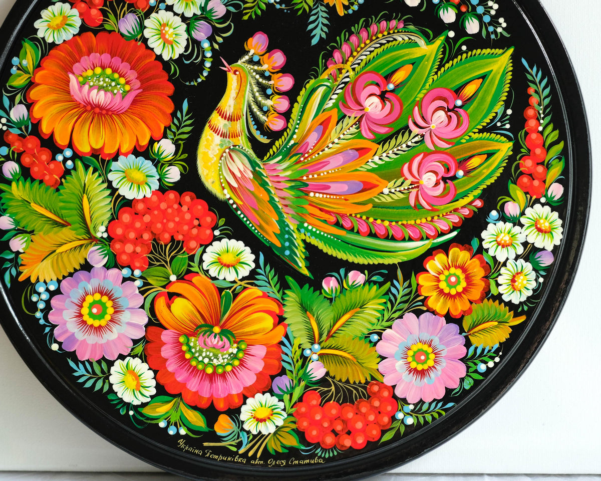 Painted Wooden Firebird Plate, Petrykivka Ukrainian Folk Art - Wall Hanging & Tabletop Display